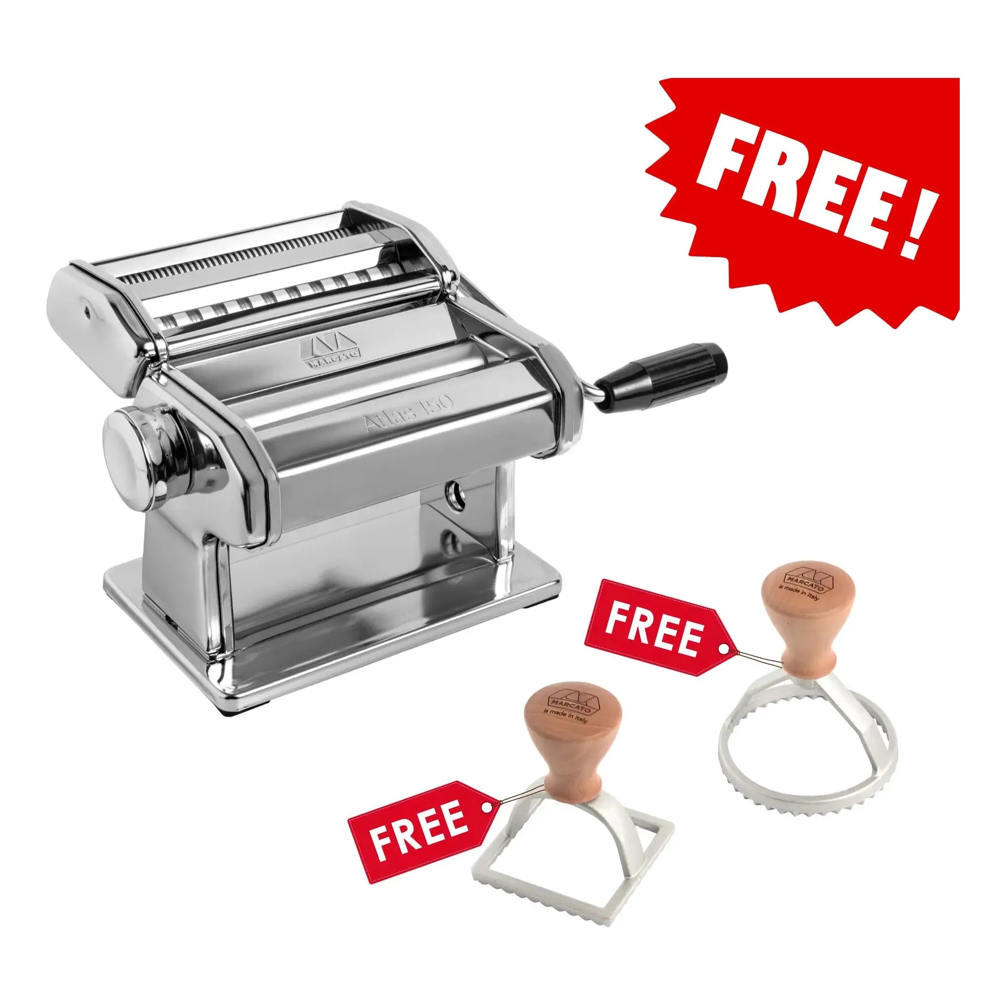 Marcato Atlas 150 Pasta Machine c/w Free Ravioli Stamps