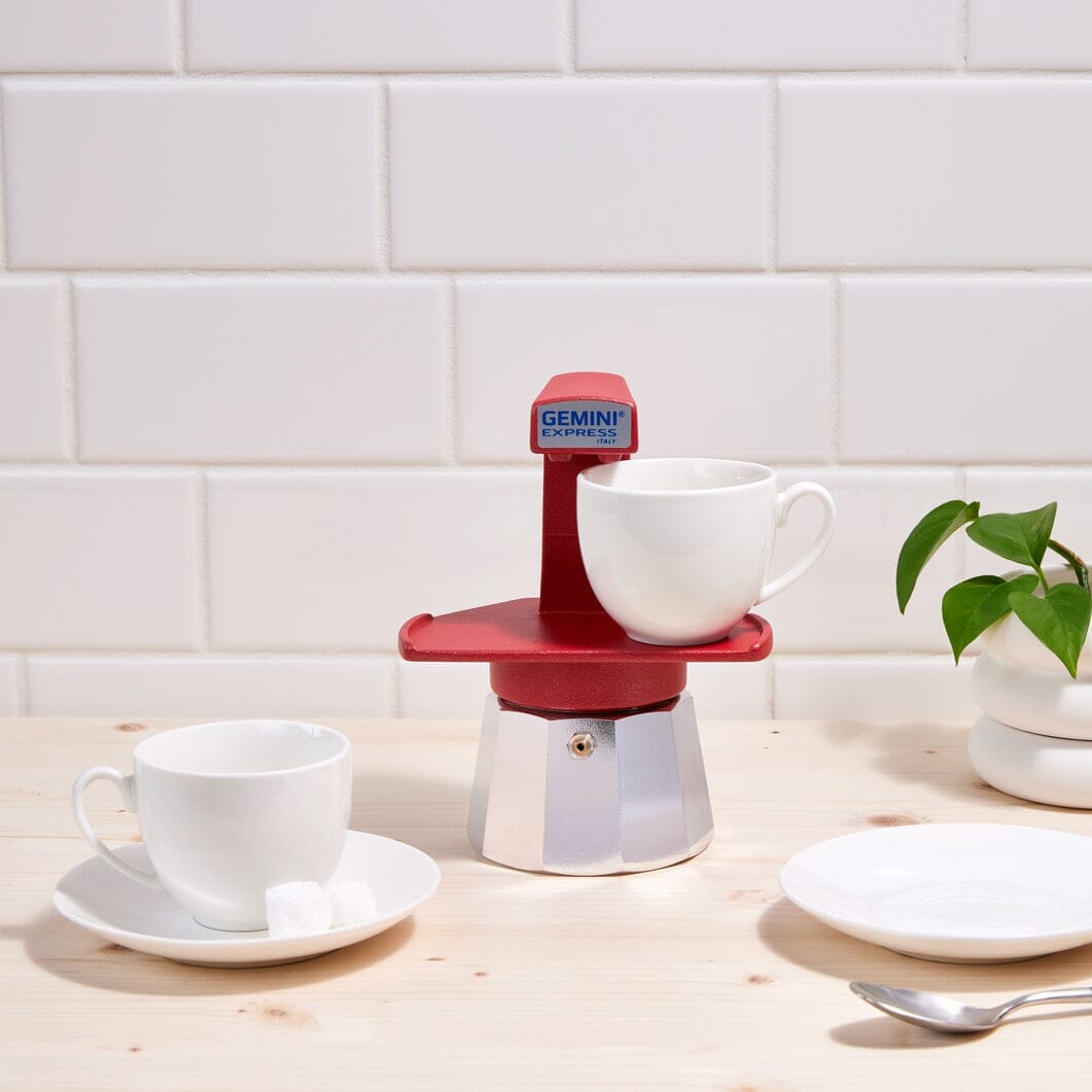 White porcelain cup and saucer with Red Gemini Express