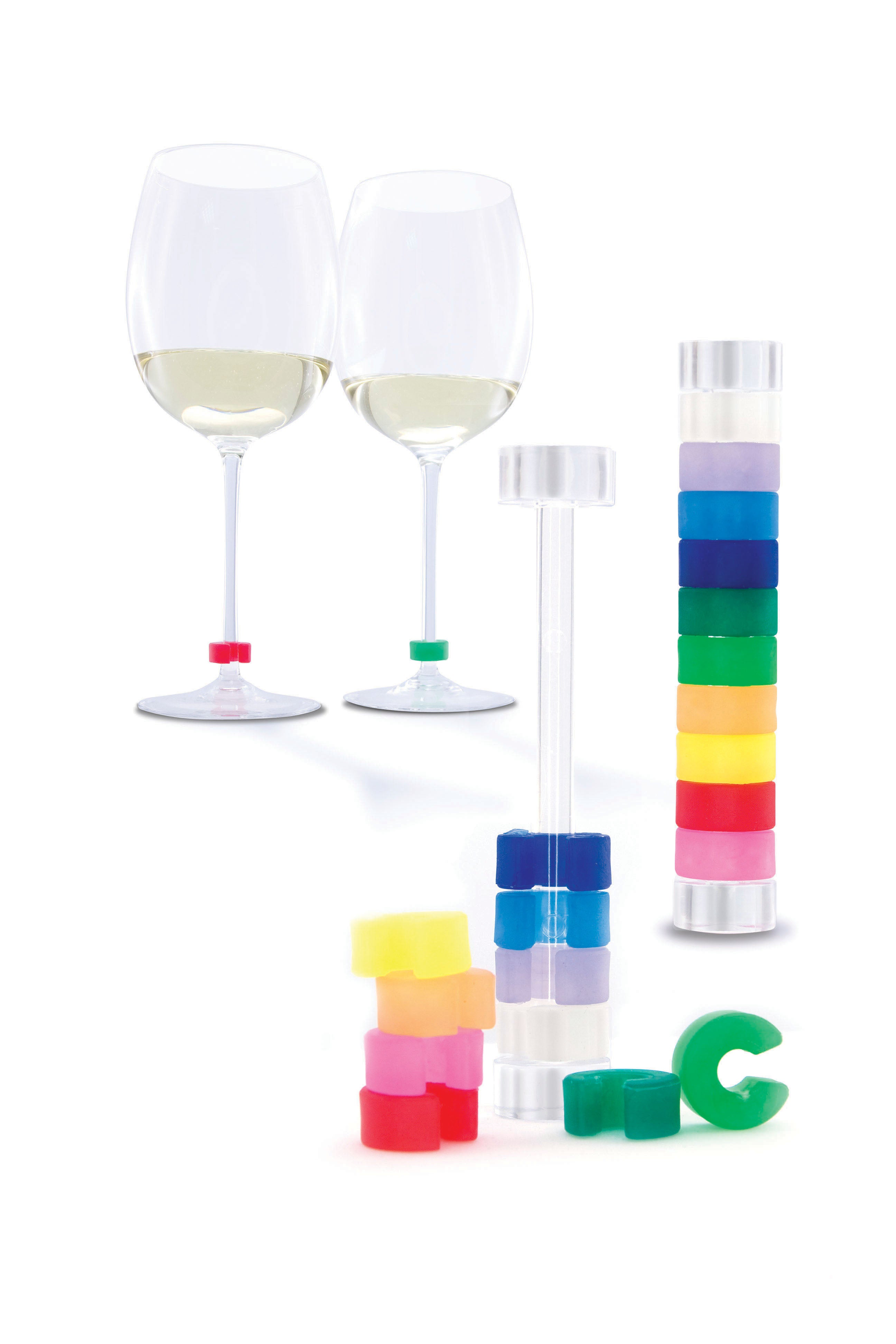 10 Wine Glass Identifiers in different colours on a white background, in front of two wine glasses with an identifier on each.