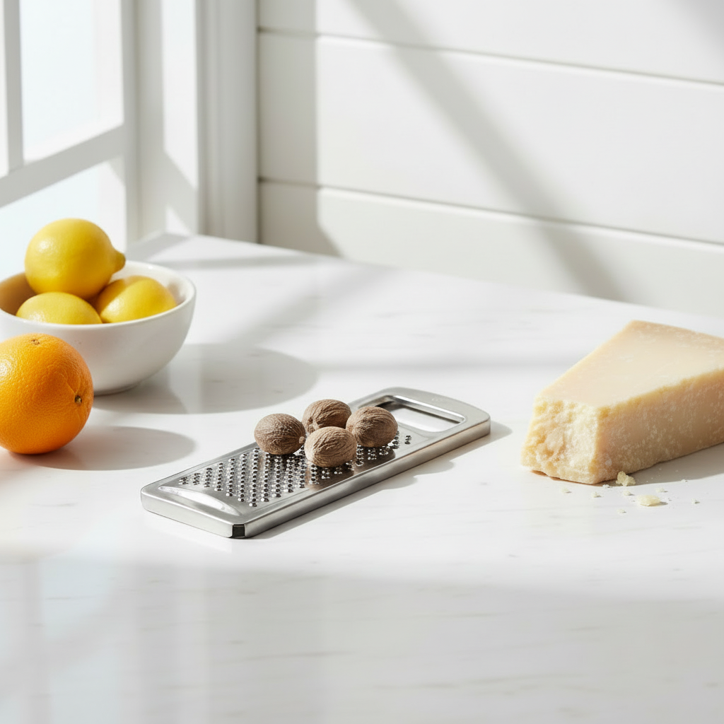 Small stainless steel grater, white marble counter 