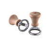 Two 40mm round stainless steel ravioli stamps with a wooden handle