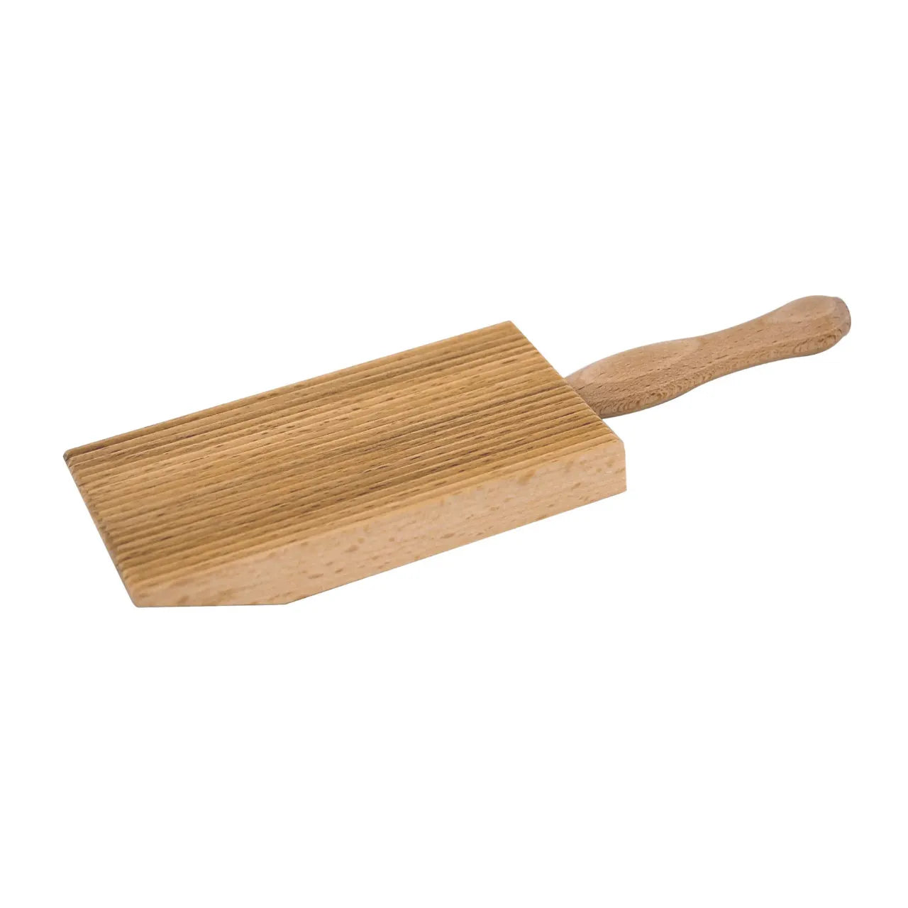 Natural beechwood gnocchi paddle with a ridged face, a short rounded handle and a sloped cut across the base, on a white background
