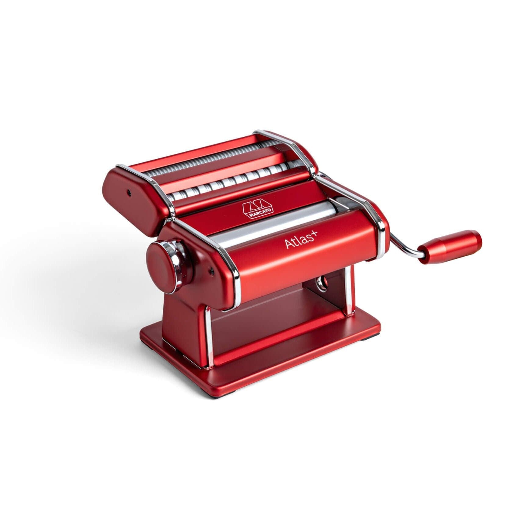Red pasta maker with Atlas+ logo on a white background