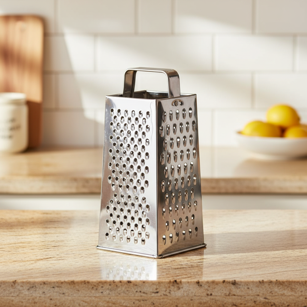 Metal box grater on a marbel kitchen worktop with lemons in the background