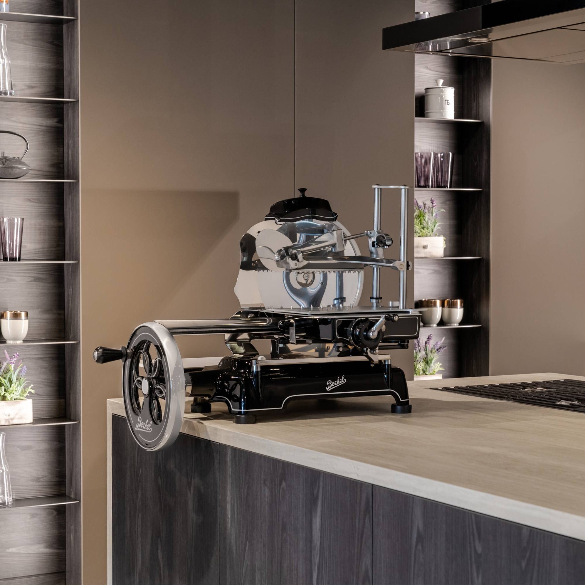 Berkel Volano B3 flywheel slicer on a countertop in a modern kitchen