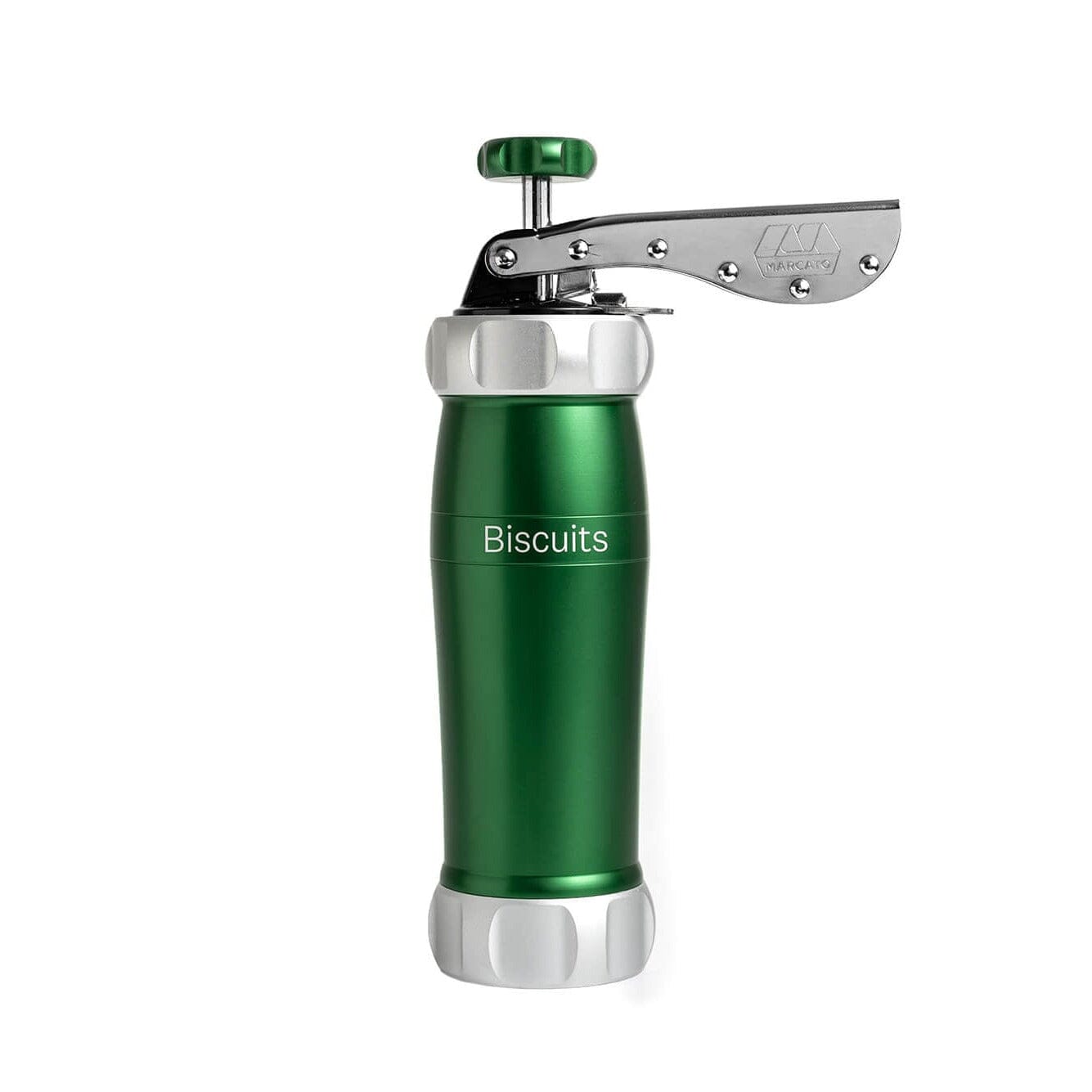 Green Marcato biscuit press in front of a white background