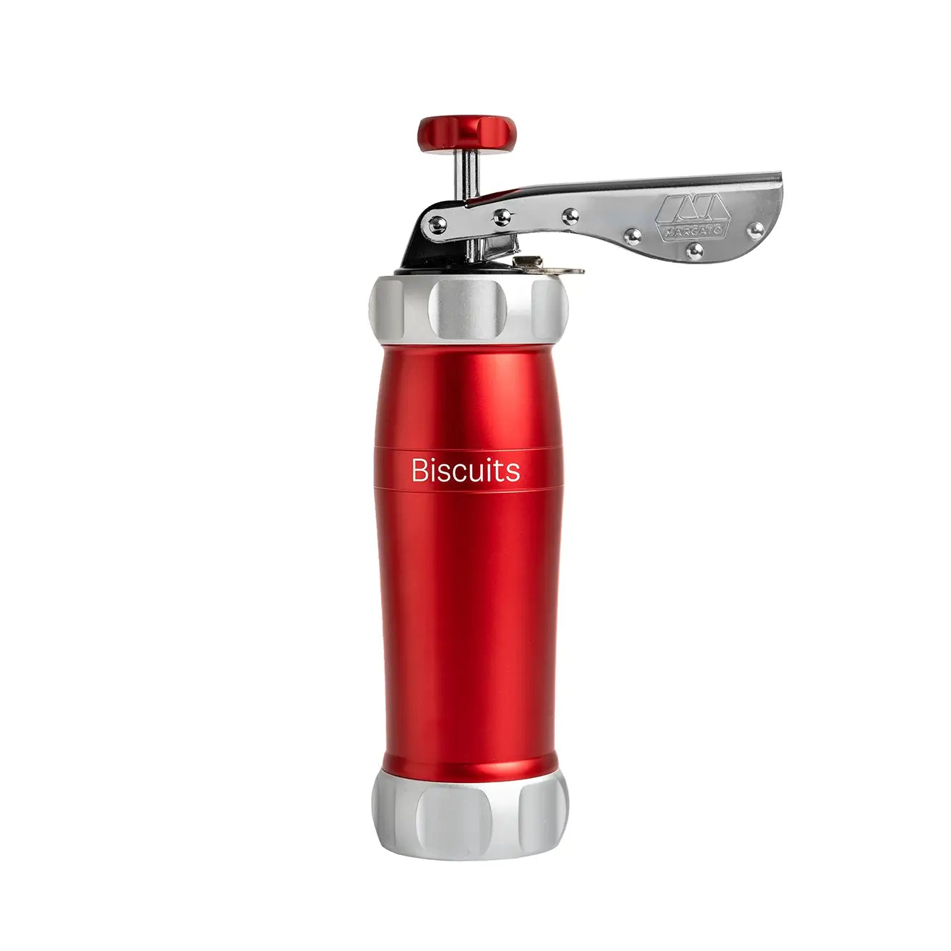 Marcato Biscotti biscuit press in red on a white background