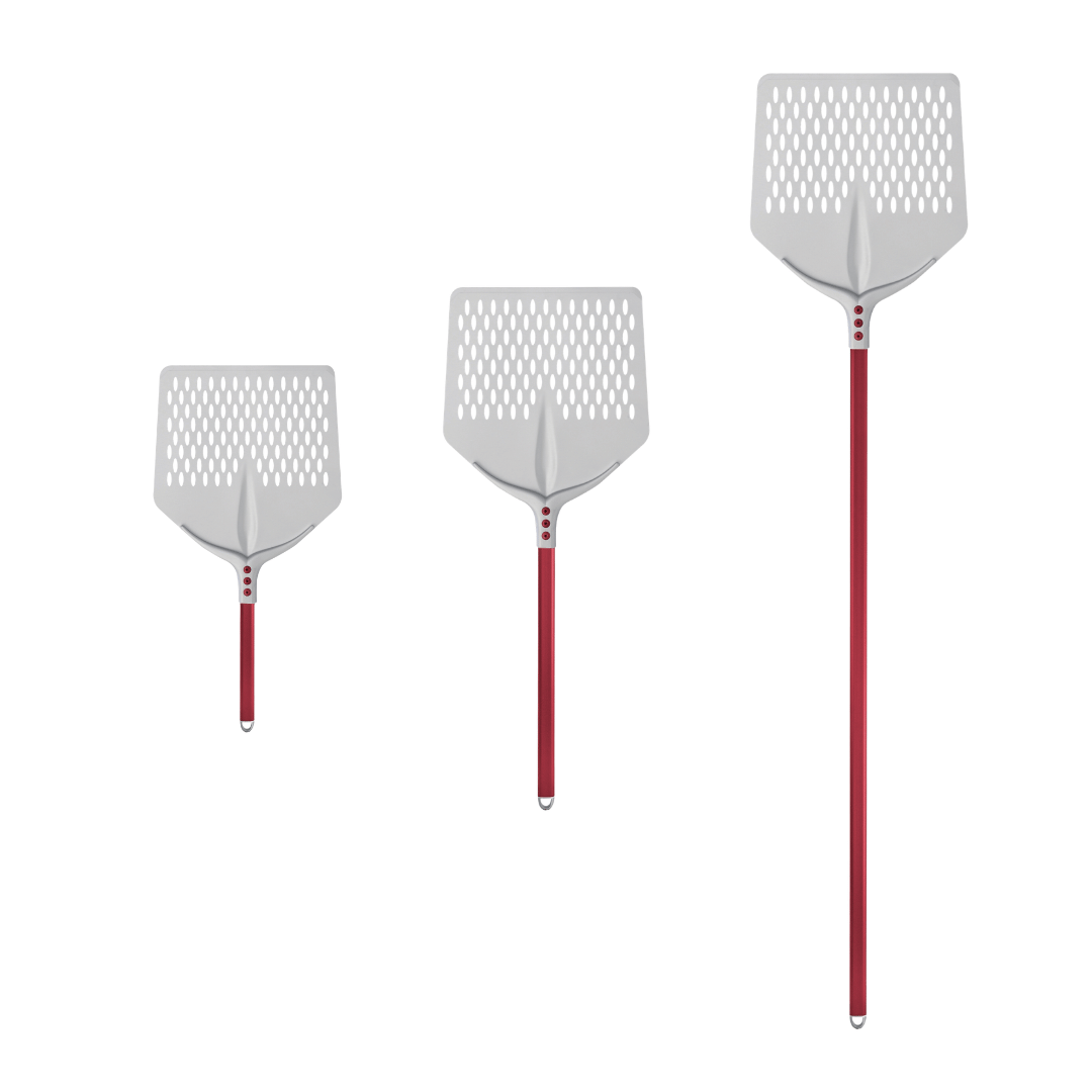 Three Square Cerutti Inox Tulip Pizza Peels on a white background.