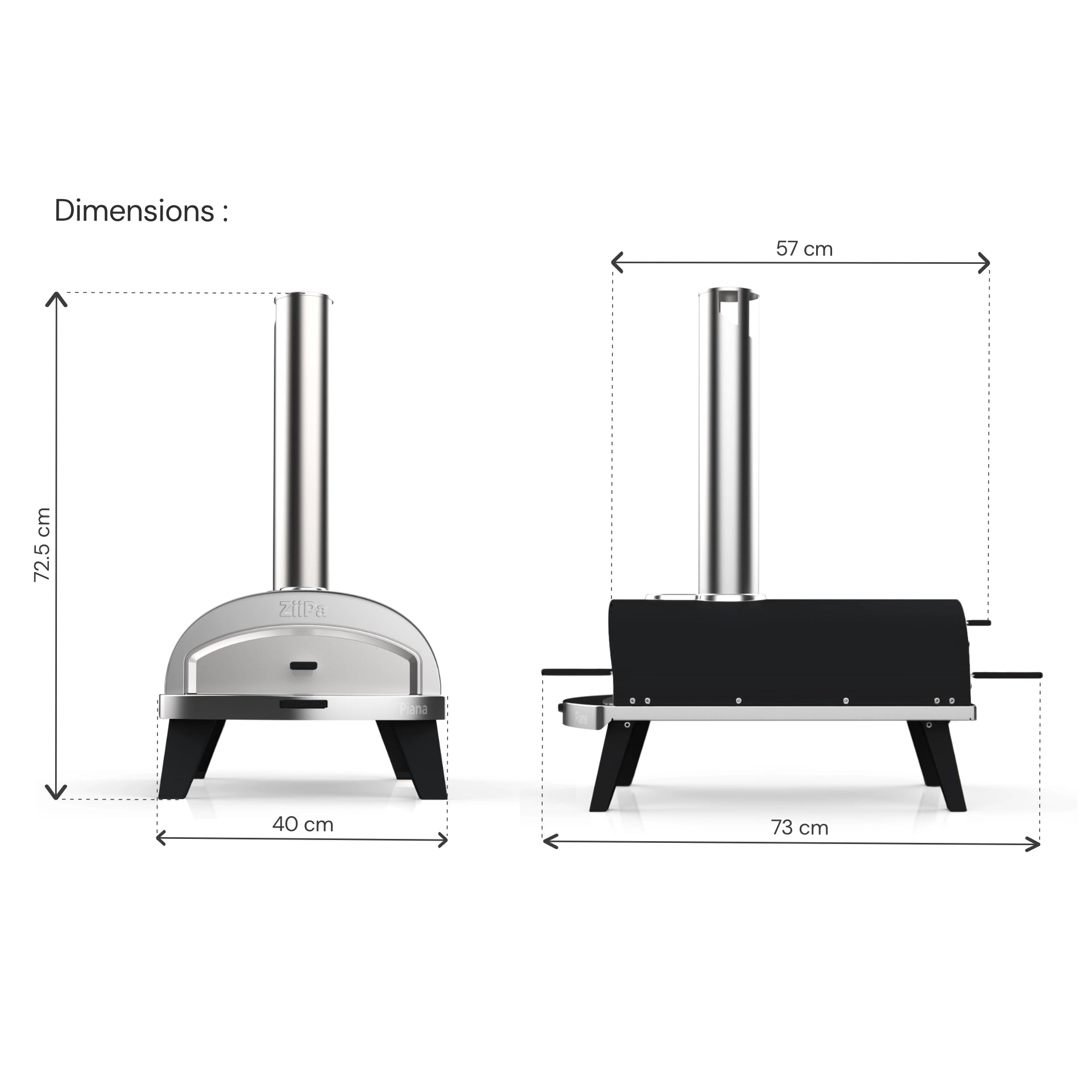 Dimensions diagram of a ZiiPa Piana pizza oven shown from front and side views with measurements in centimeters on a white background.