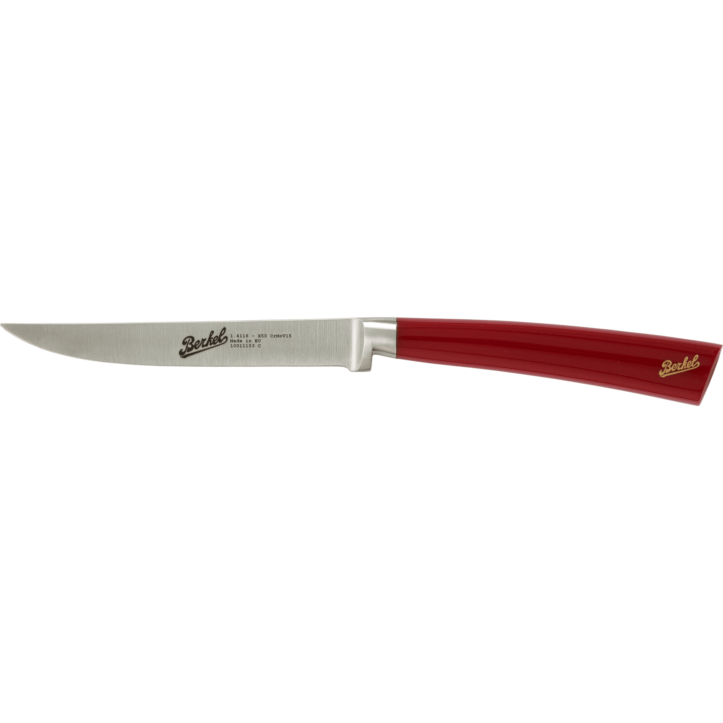 Elegance steak knife with a red handle and silver blade on a white background