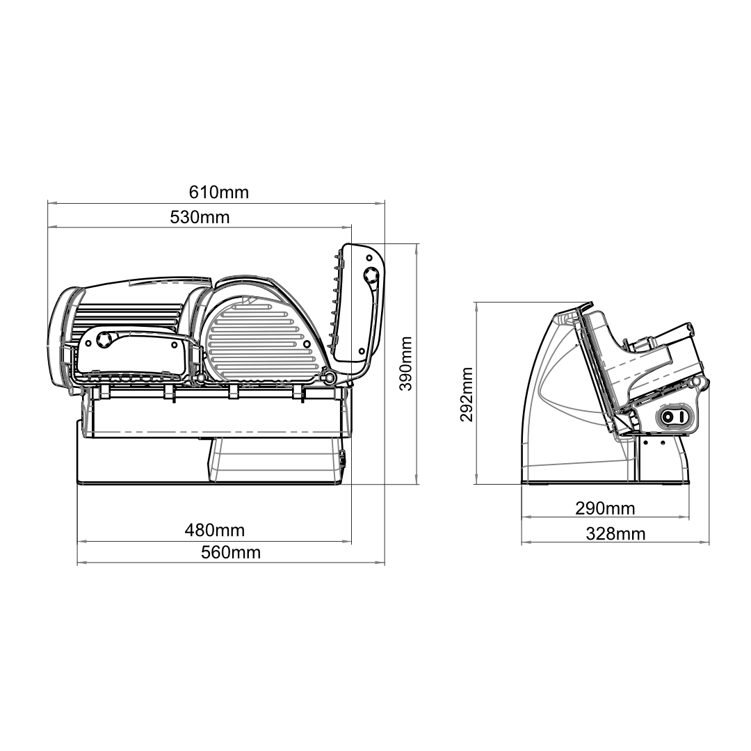 Technical drawing of a Berkel Home Line Plus 200 food slicer with dimensions labeled