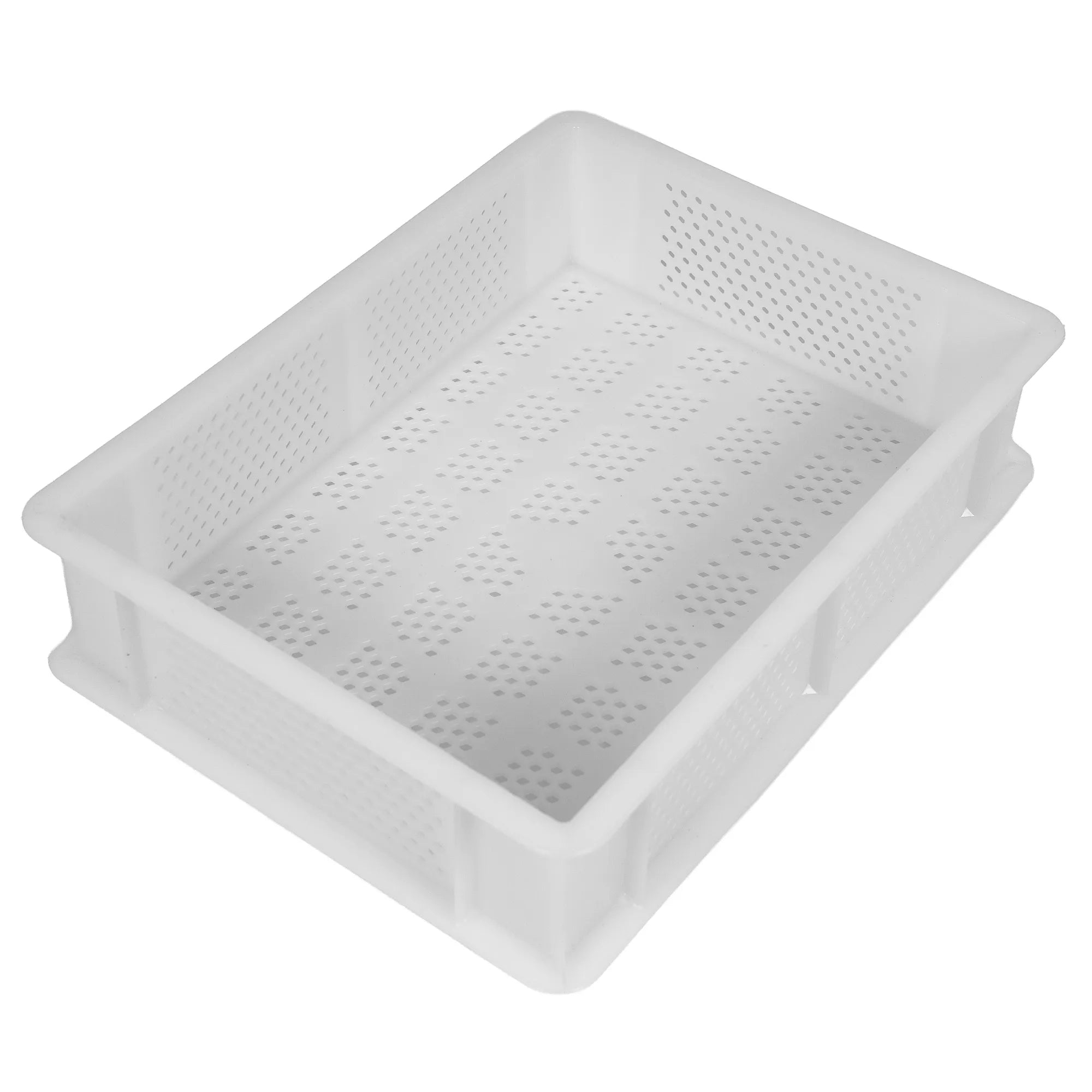 Angled view of the 30 x 40cm perforated dough tray, base and side holes visible