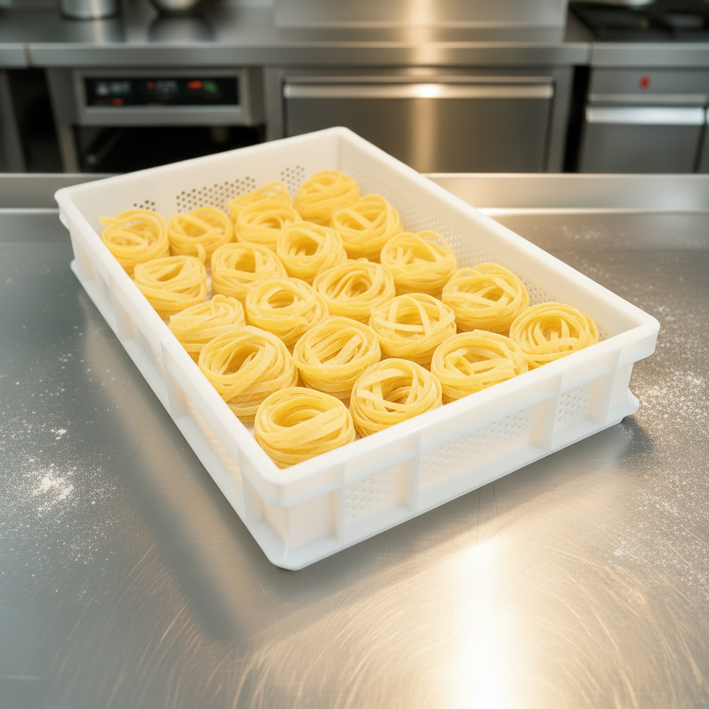A white plastic perforated tray filled with uncooked handmade pasta nests, set on a stainless steel countertop in a commercial kitchen.