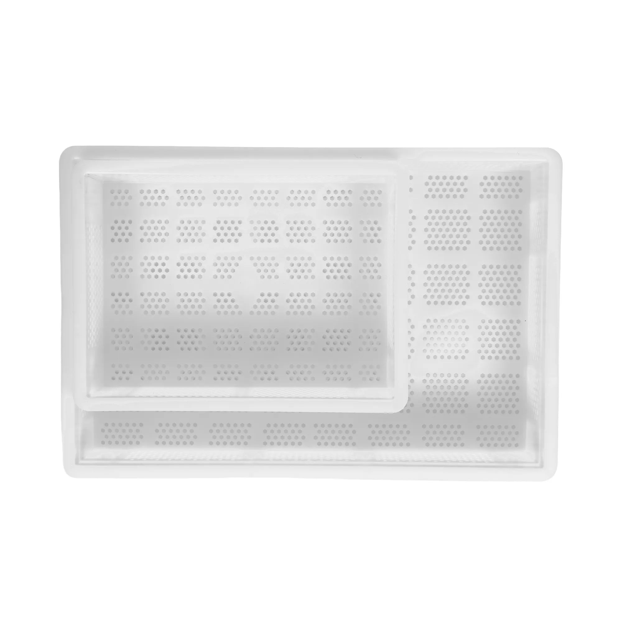 Overhead comparison of the 60 x 40cm and 30 x 40cm Genus Dei perforated dough trays nested together