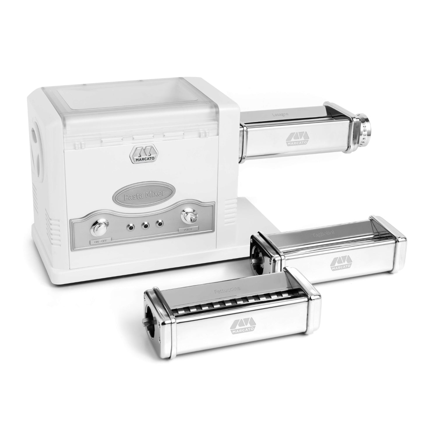 Marcato Pasta Fresca with 3 attachments on a white background