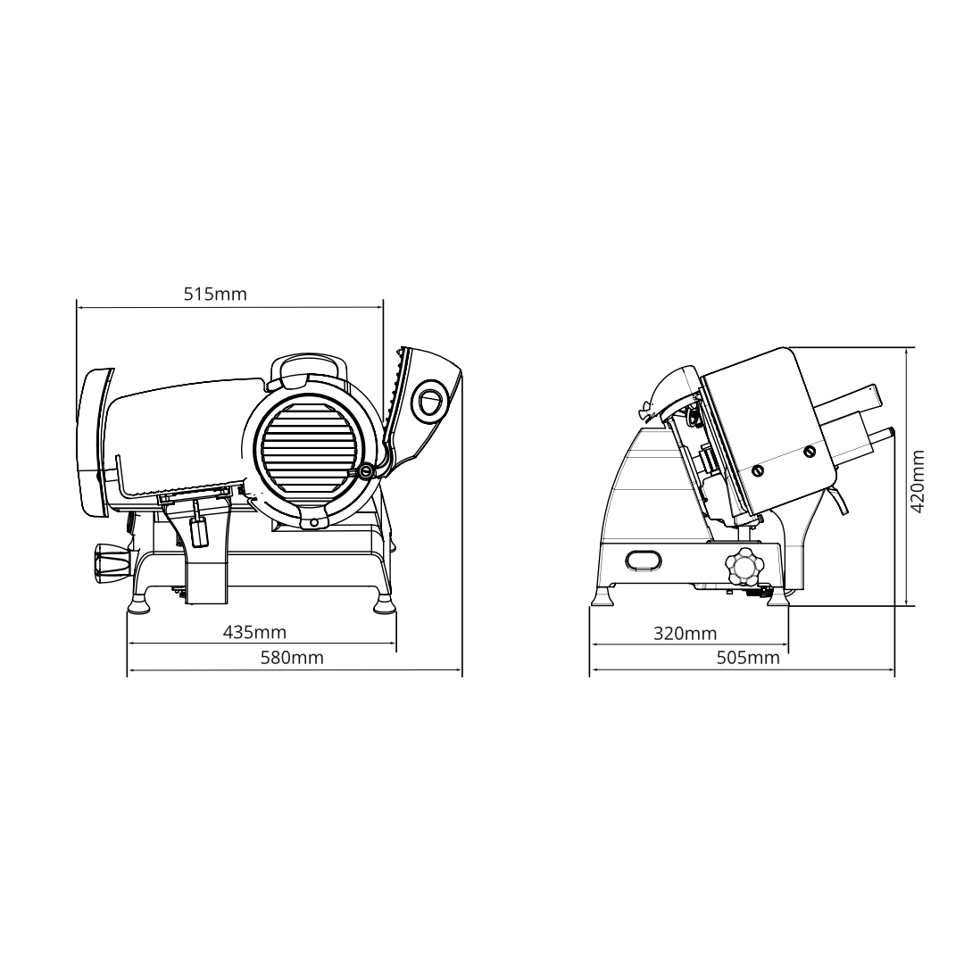 Technical drawing showing the dimensions of a Berkel Red Line 250 food slicer