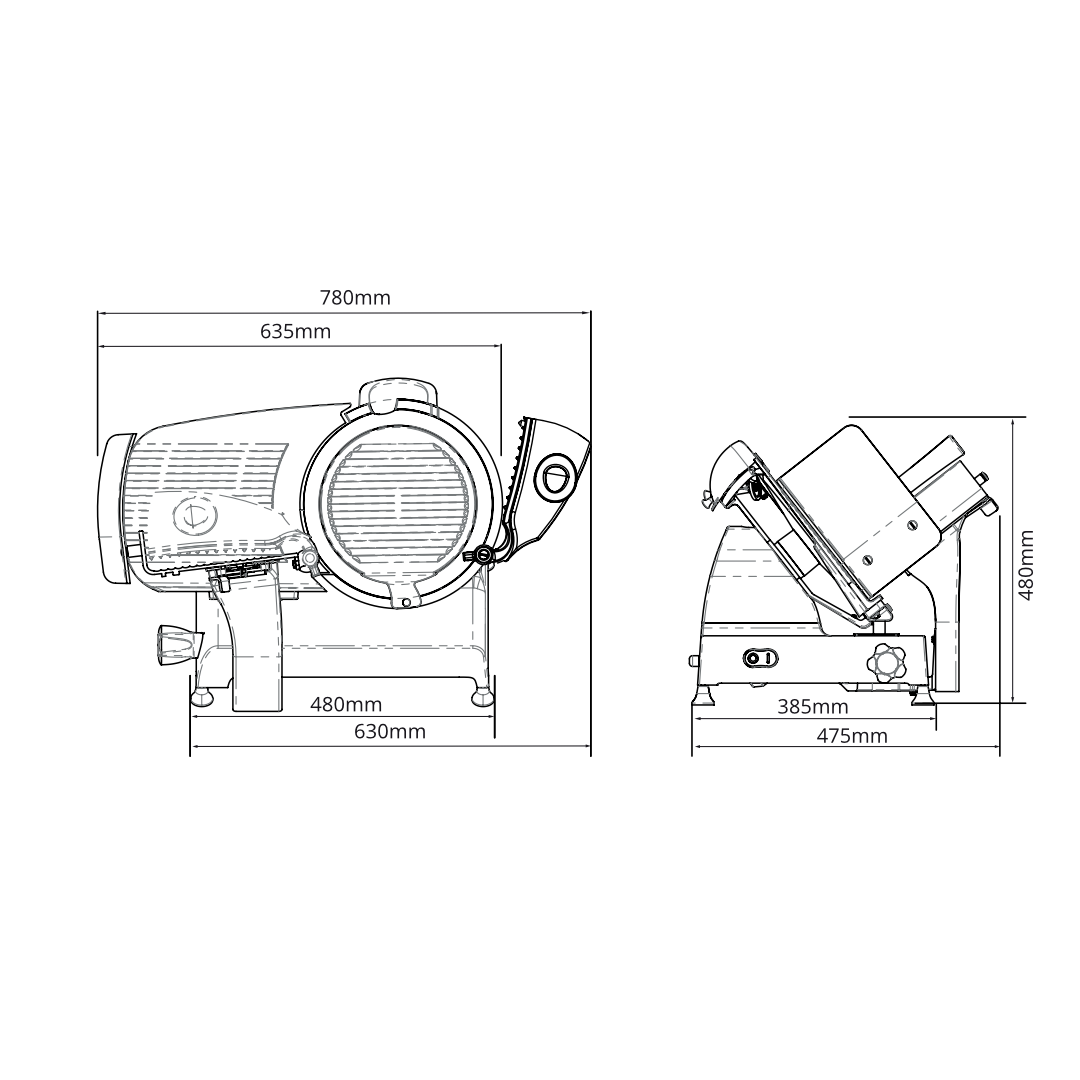 Technical drawing showing the dimensions of a Berkel Red Line 300 slicer