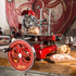 Berkel Volano Tribute Flywheel Slicer on a wooden bench with ham on the cutting plate, next to wine and bread.