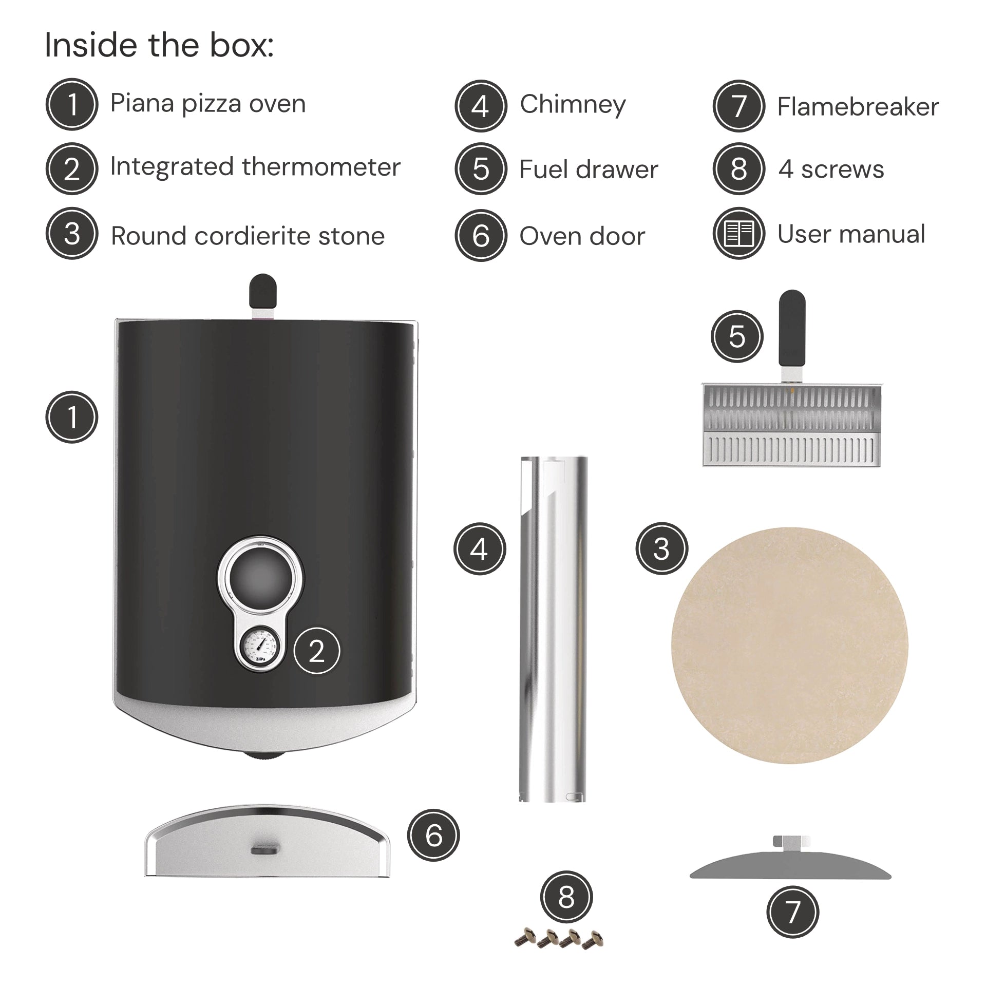An assembly-style parts diagram titled 'Inside the box' showing a charcoal Piana pizza oven component with numbered callouts for included accessories such as a chimney, flamebreaker, fuel drawer, cordierite stone, screws, and user manual on a white background.