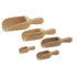 Set of five wooden scoops of different sizes on a white background