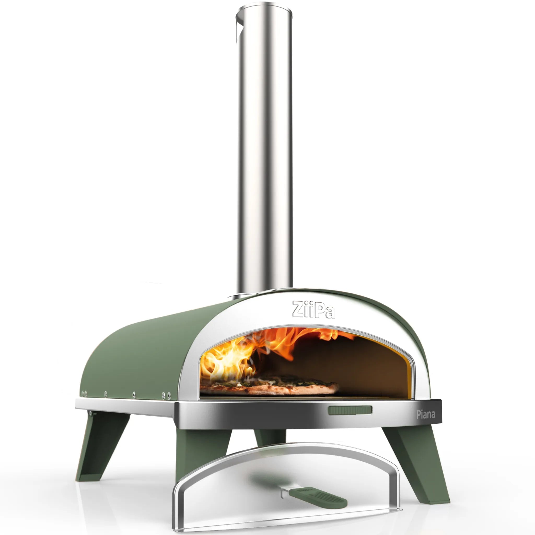 ZiiPa Piana wood-fired pizza oven in Eucalyptus with pizza oven door and pizza, on white background