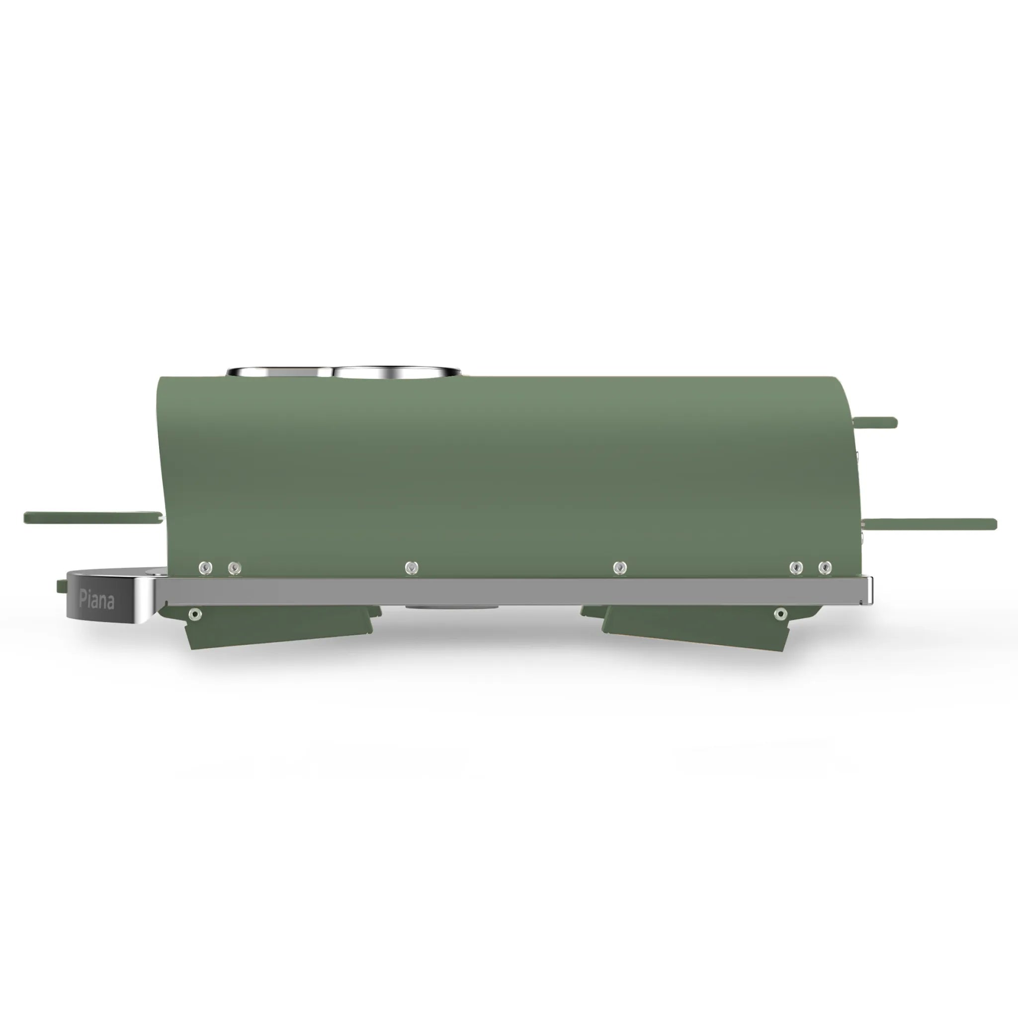 ZiiPa Piana wood-fired pizza oven in Eucalyptus, side view on white background with legs folded and chimney detached.