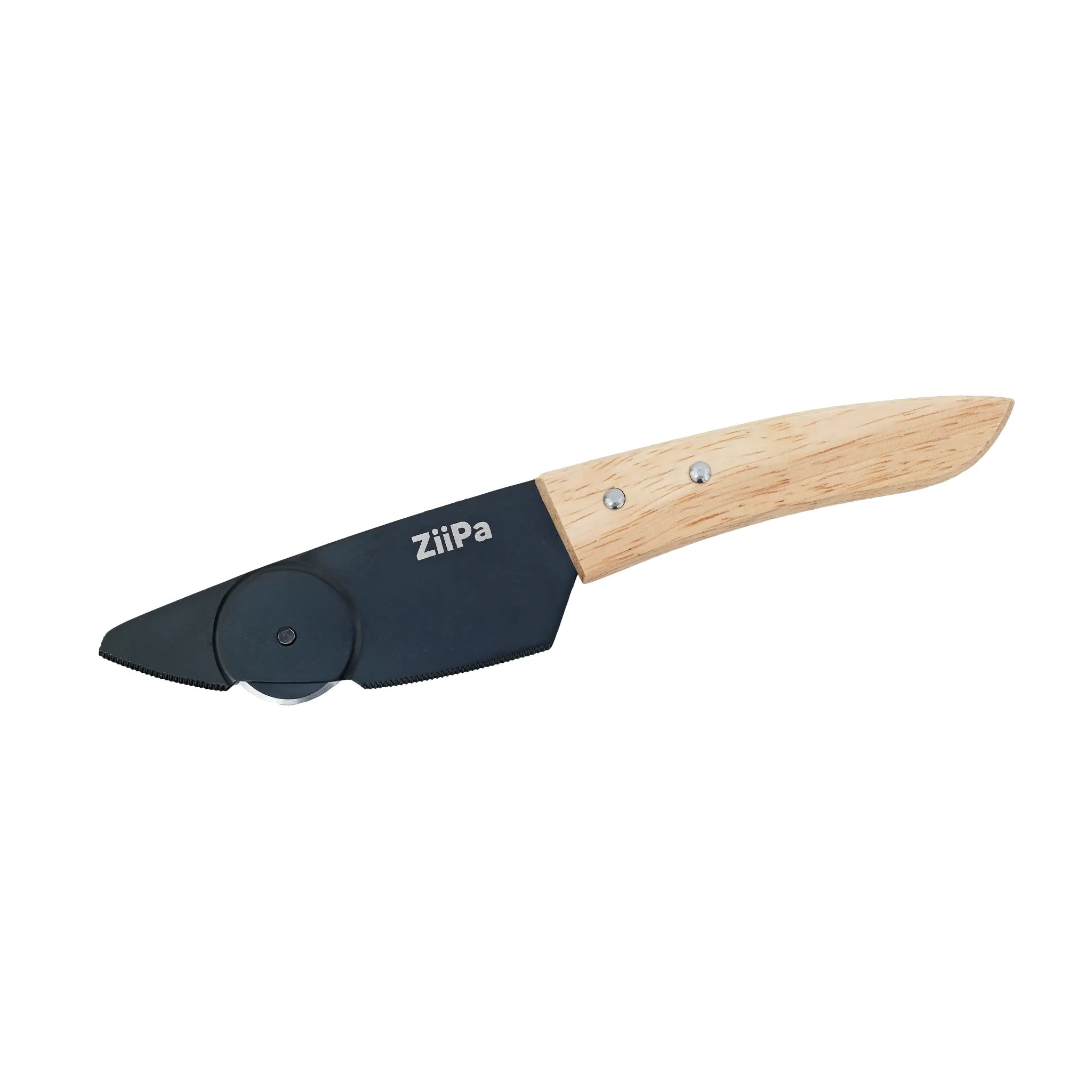 Front view of a ZiiPa Aquina knife with pizza cutting wheel and acacia handle on a white background