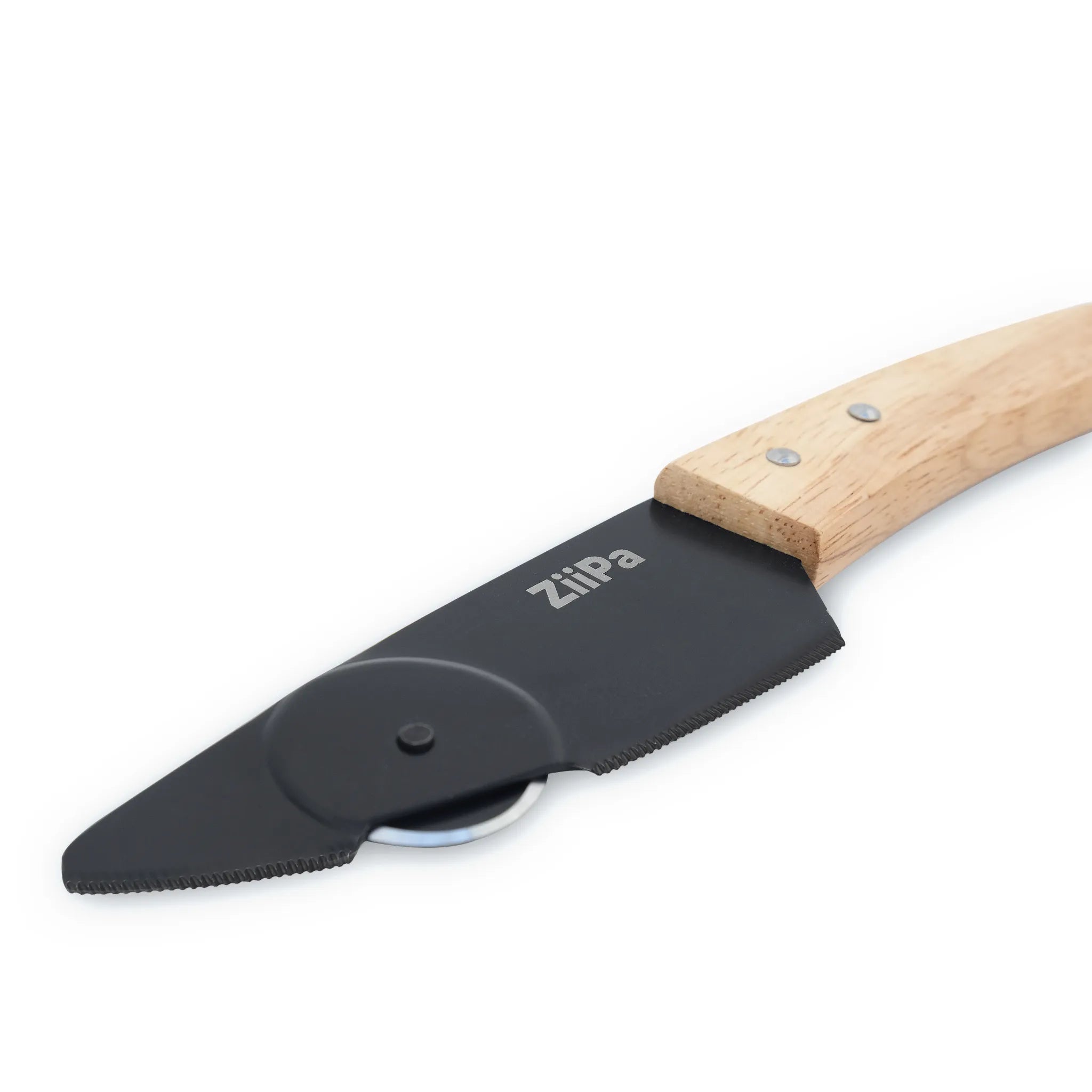 3/4 view of a ZiiPa Aquina knife with pizza cutting wheel and acacia handle on a white background