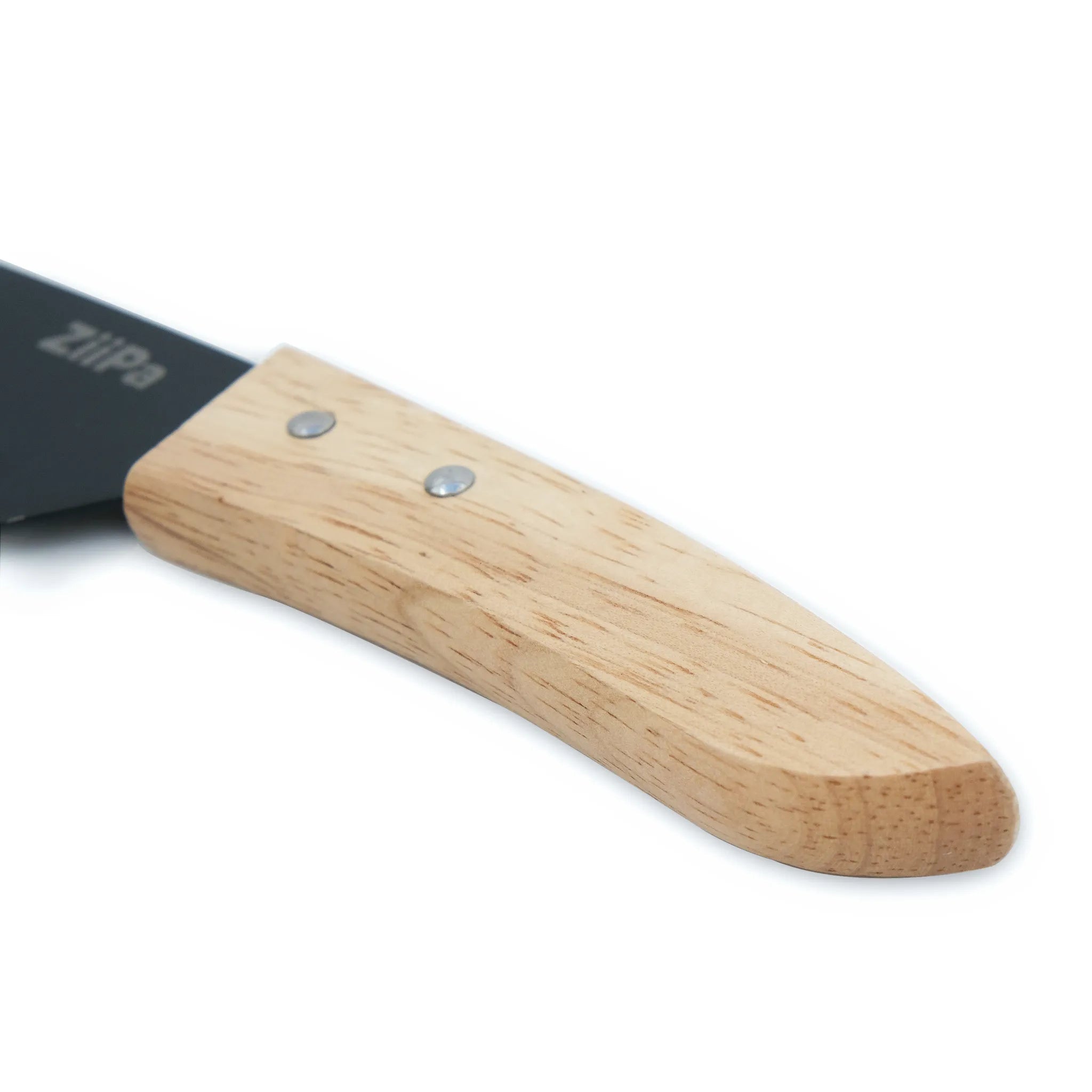 Close-up of the acacia handle of a ZiiPa Aquina knife on a white background