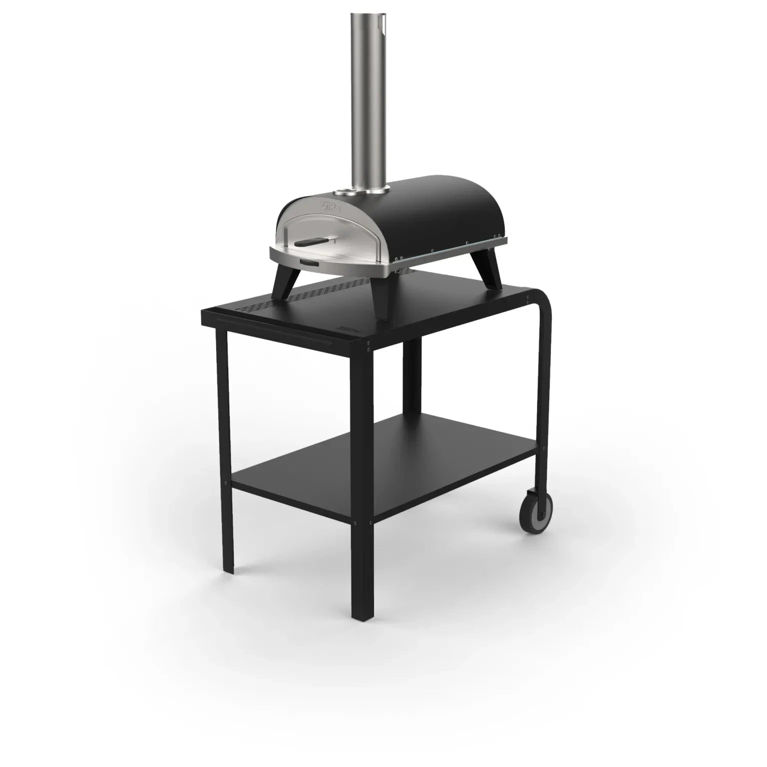 Vallone Pizza Oven trolley with a Piana pizza oven placed on top, both in Charcoal, 3/4 view on a white background