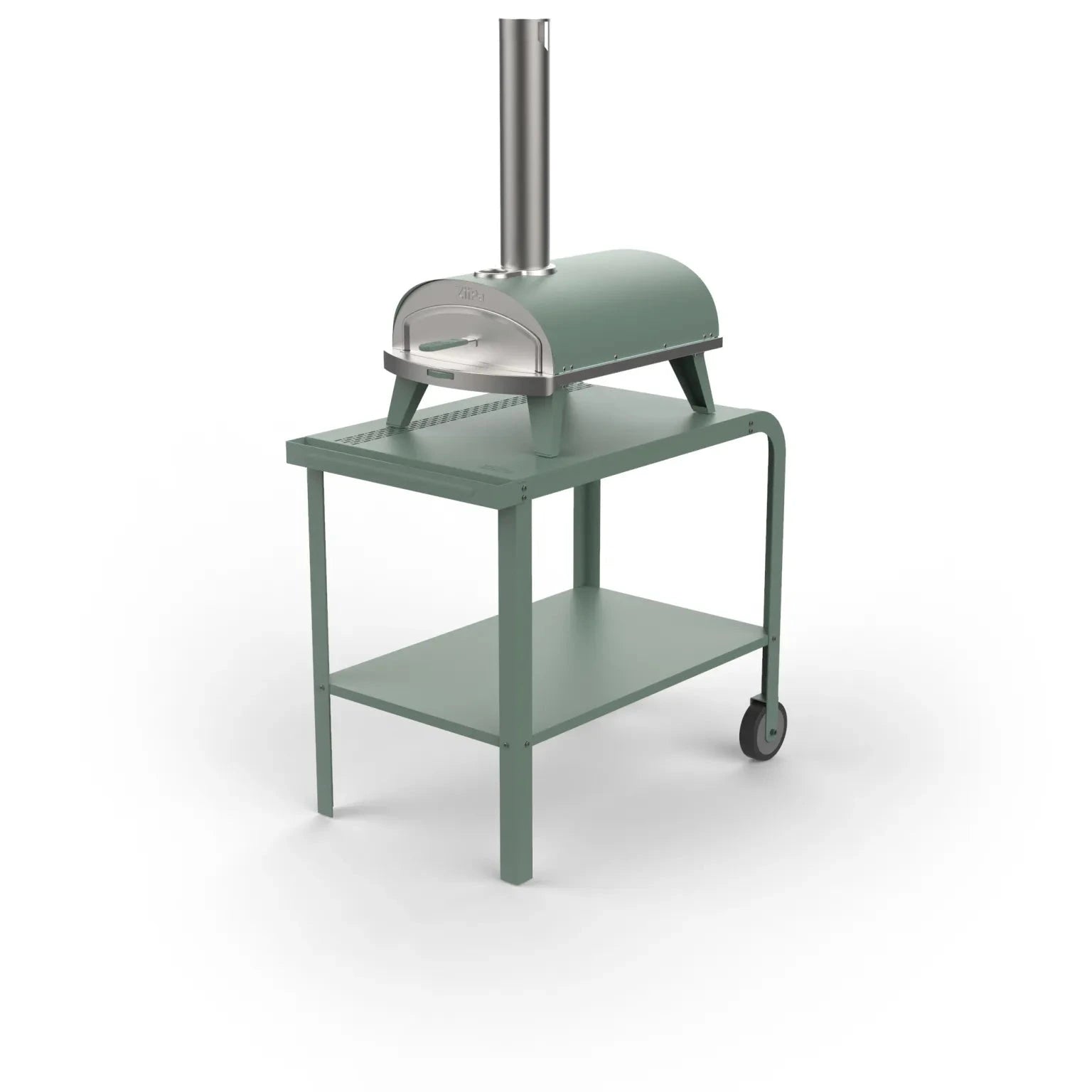 Vallone Pizza Oven trolley with a Piana pizza oven placed on top, both in Eucalyptus, 3/4 view on a white background