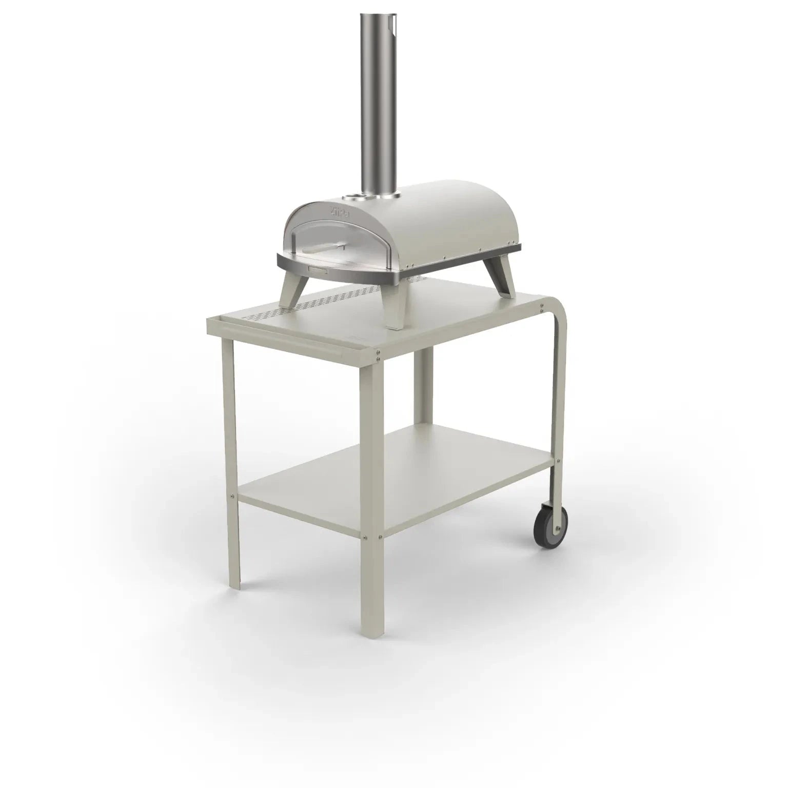 Vallone Pizza Oven trolley with a Piana pizza oven placed on top, both in Chalk, 3/4 view on a white background