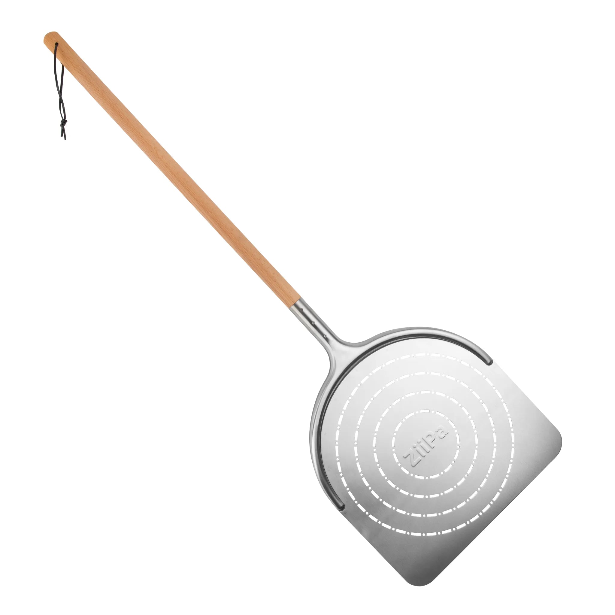 ZiiPa Aquila perforated pizza peel with a beech wood handle on a white background