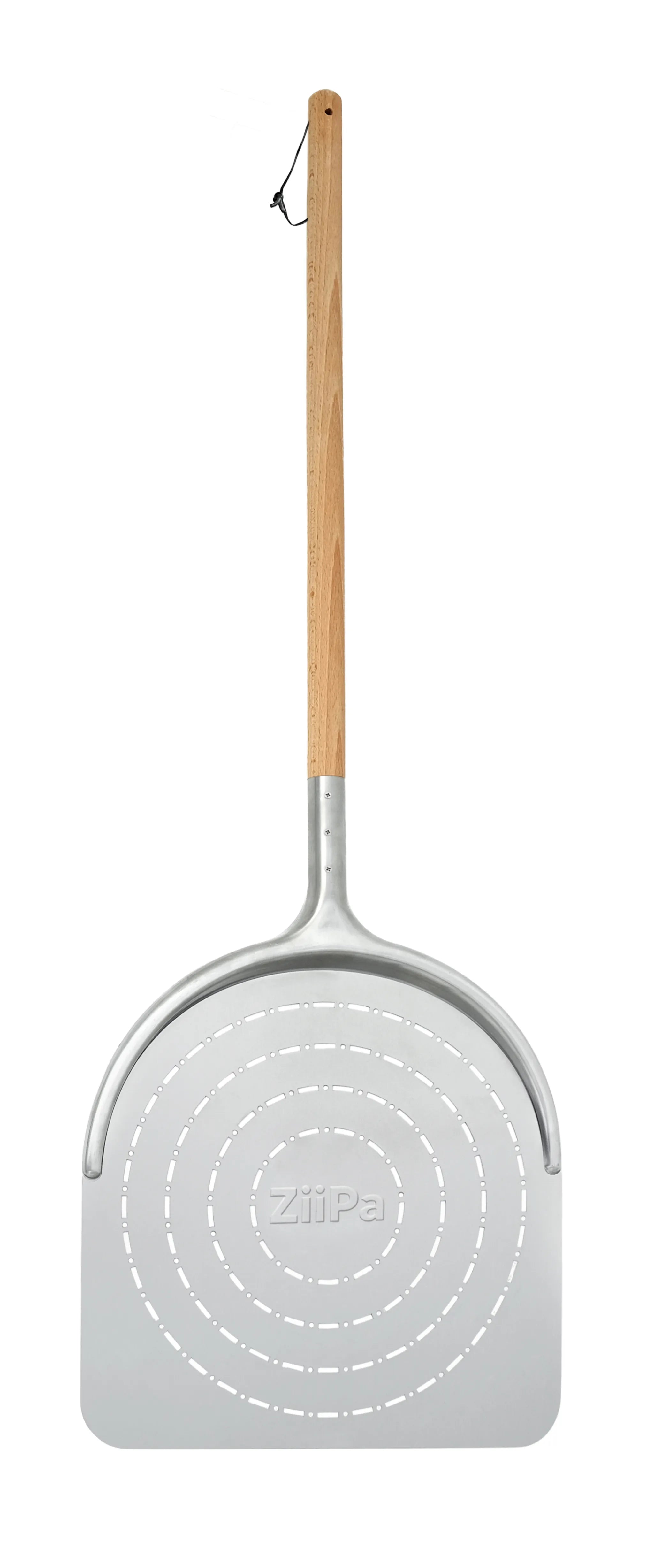 ZiiPa Aquila perforated pizza peel with a beech wood handle vertical on a white background
