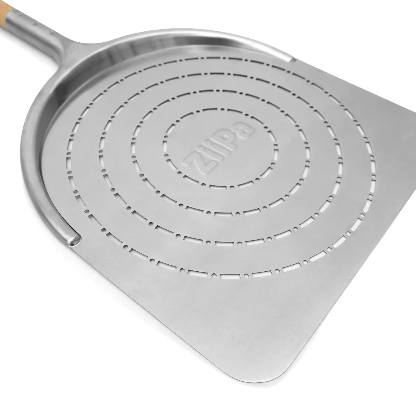 Close-up of the ZiiPa Aquila perforated pizza peel on a white background