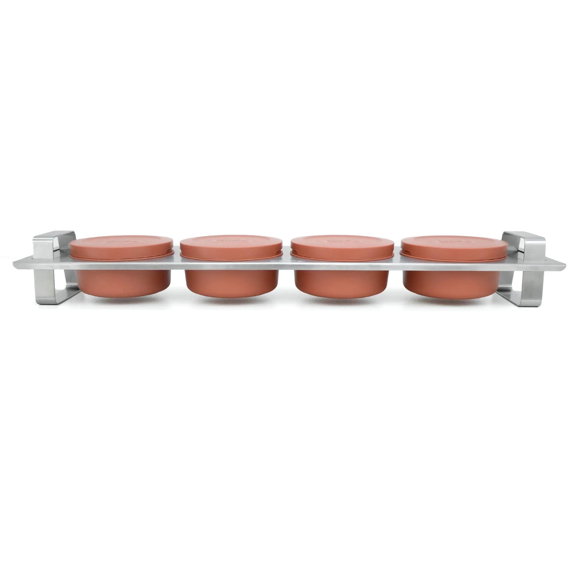 Front view of ZiiPa Tellini pizza topping station on a white background with terracotta Spetina dough boxes