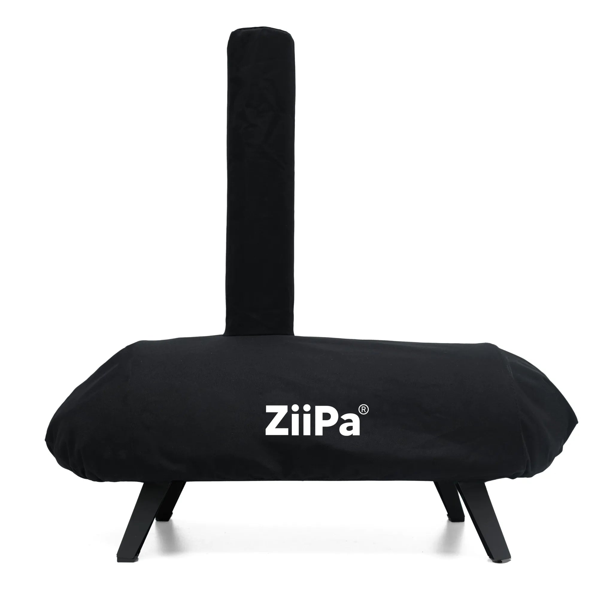 Side view of a ZiiPa Piana pizza oven in a Sacco protective cover on a white background