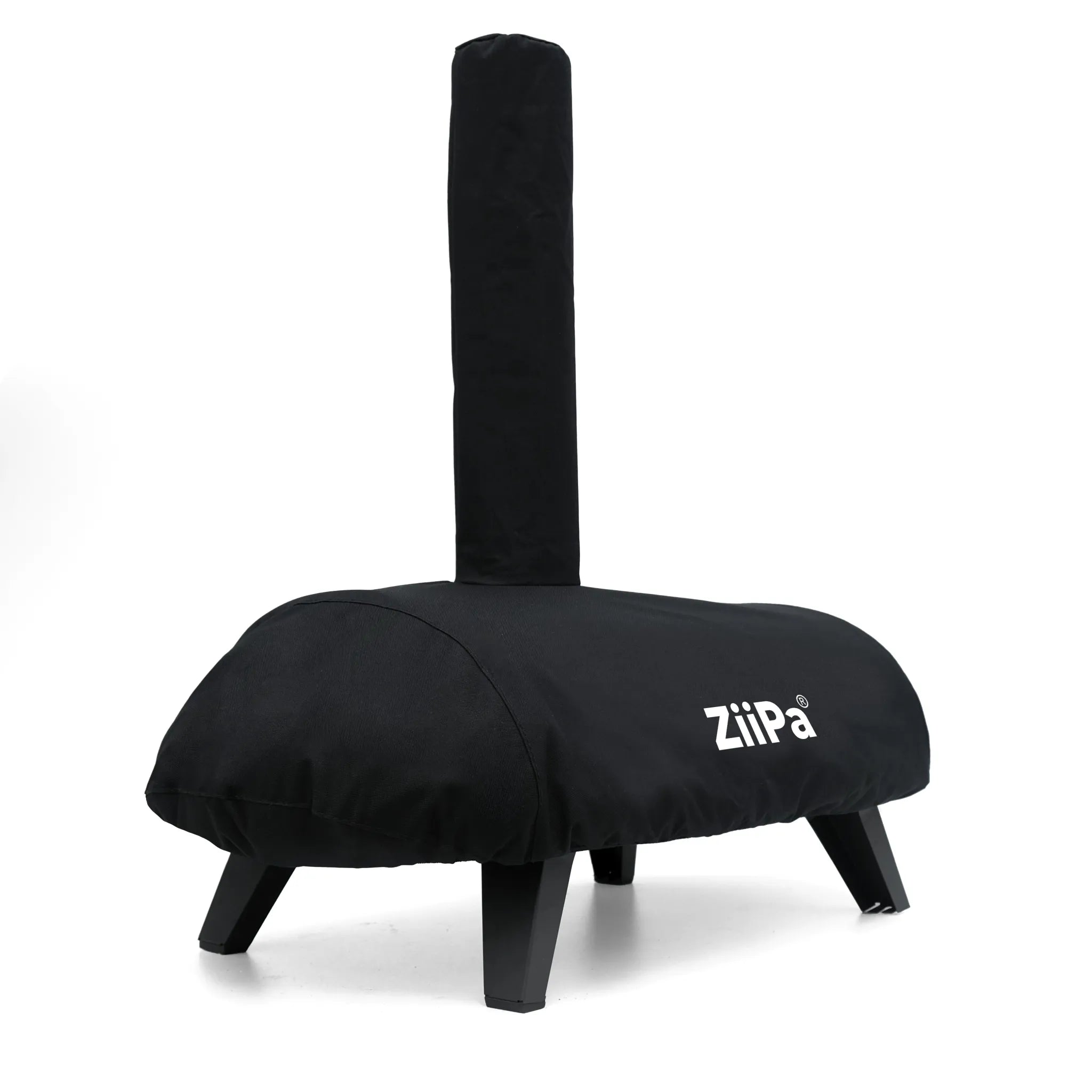 3/4 view of a ZiiPa Piana pizza oven in a Sacco protective cover on a white background
