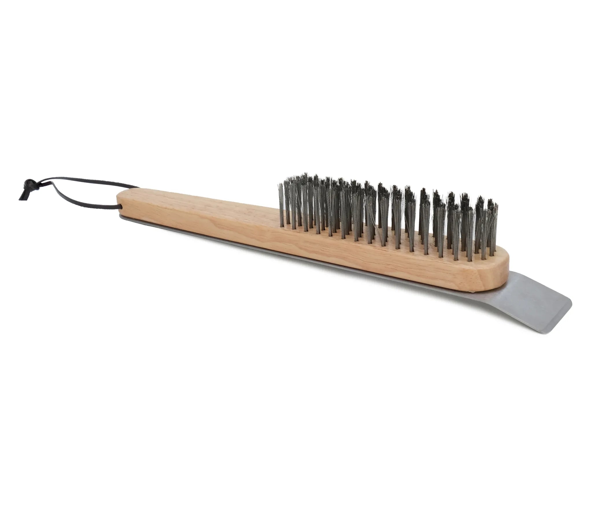 ZiiPa Ranella pizza stone cleaning brush showing stainless steel bristles and integrated scraper blade with oak handle and leather hanging cord