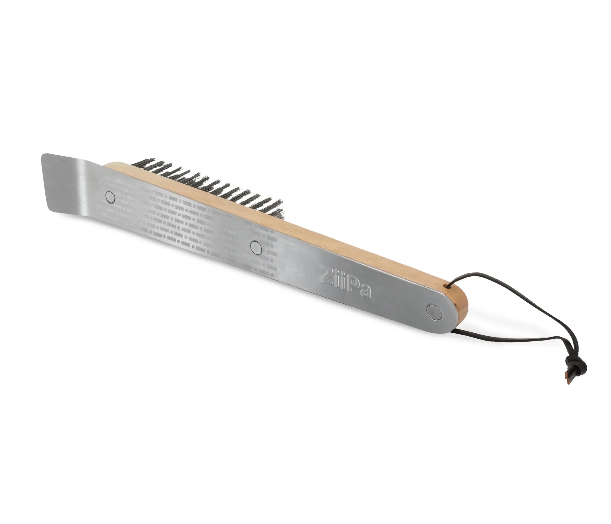 ZiiPa Ranella pizza stone brush reverse side showing engraved ZiiPa logo on stainless steel scraper plate with oak handle and leather hanging cord