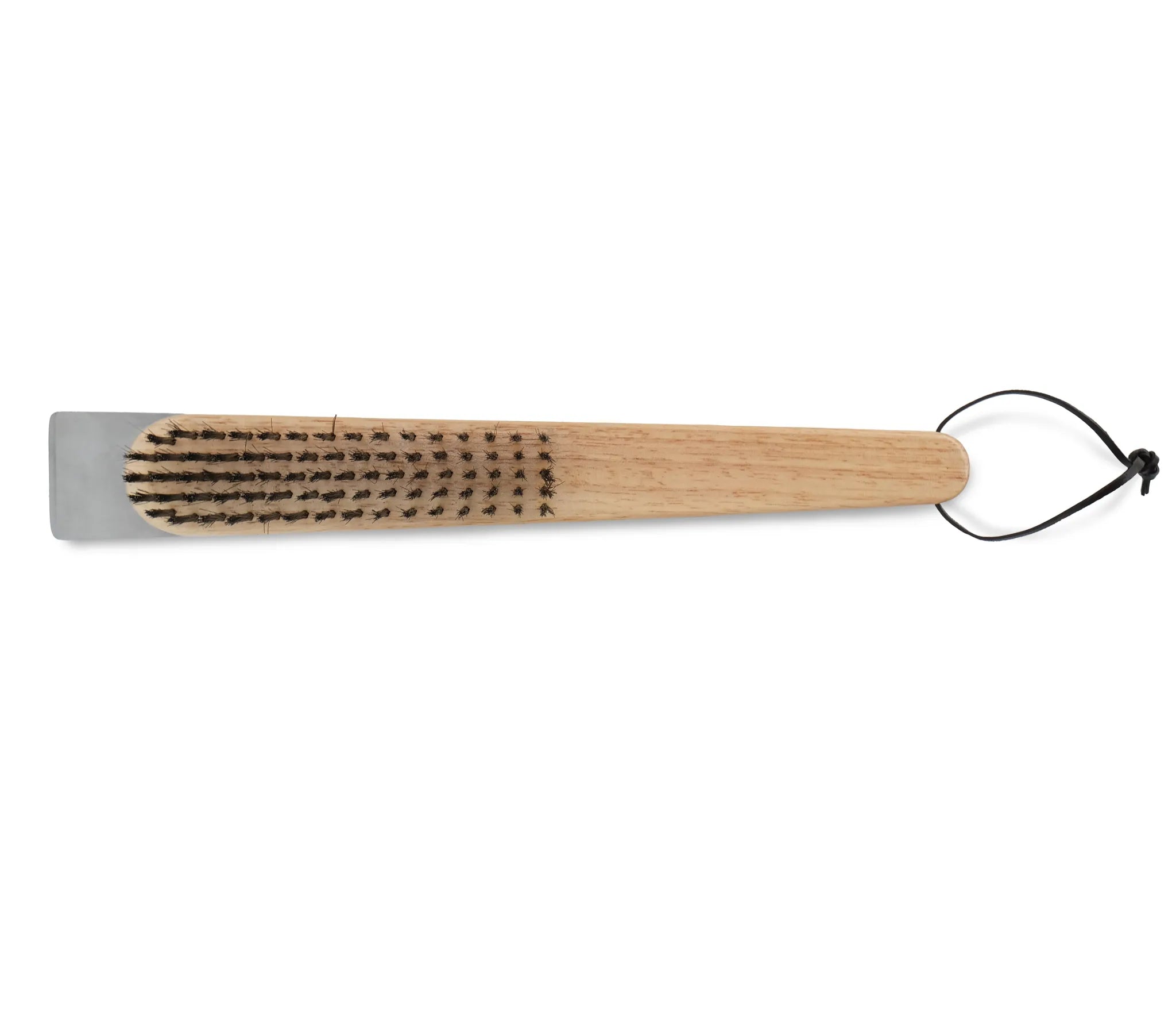 ZiiPa Ranella 2-in-1 pizza stone cleaning brush full length overhead view showing bristles along oak handle and stainless steel scraper tip