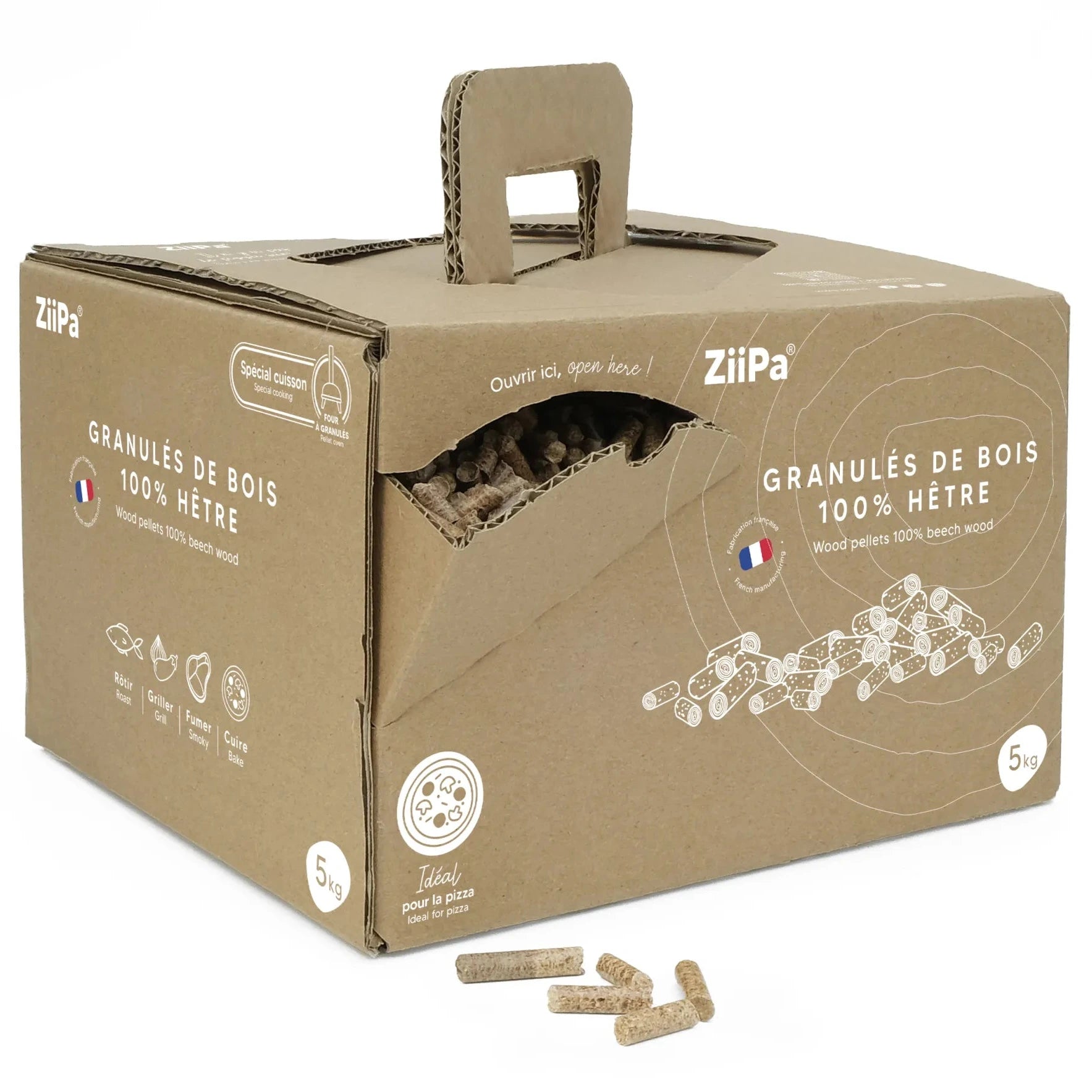 Cardboard box of Ziipa wood pellets on a white background
