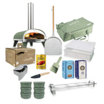ZiiPa Piana Pizza Night Kit in eucalyptus green: pizza oven, peel, storage bag, beech pellets, pellet dispenser, scoop, topping station, dough boxes, cutting wheel, San Marzano tomatoes, 00 flour and semola