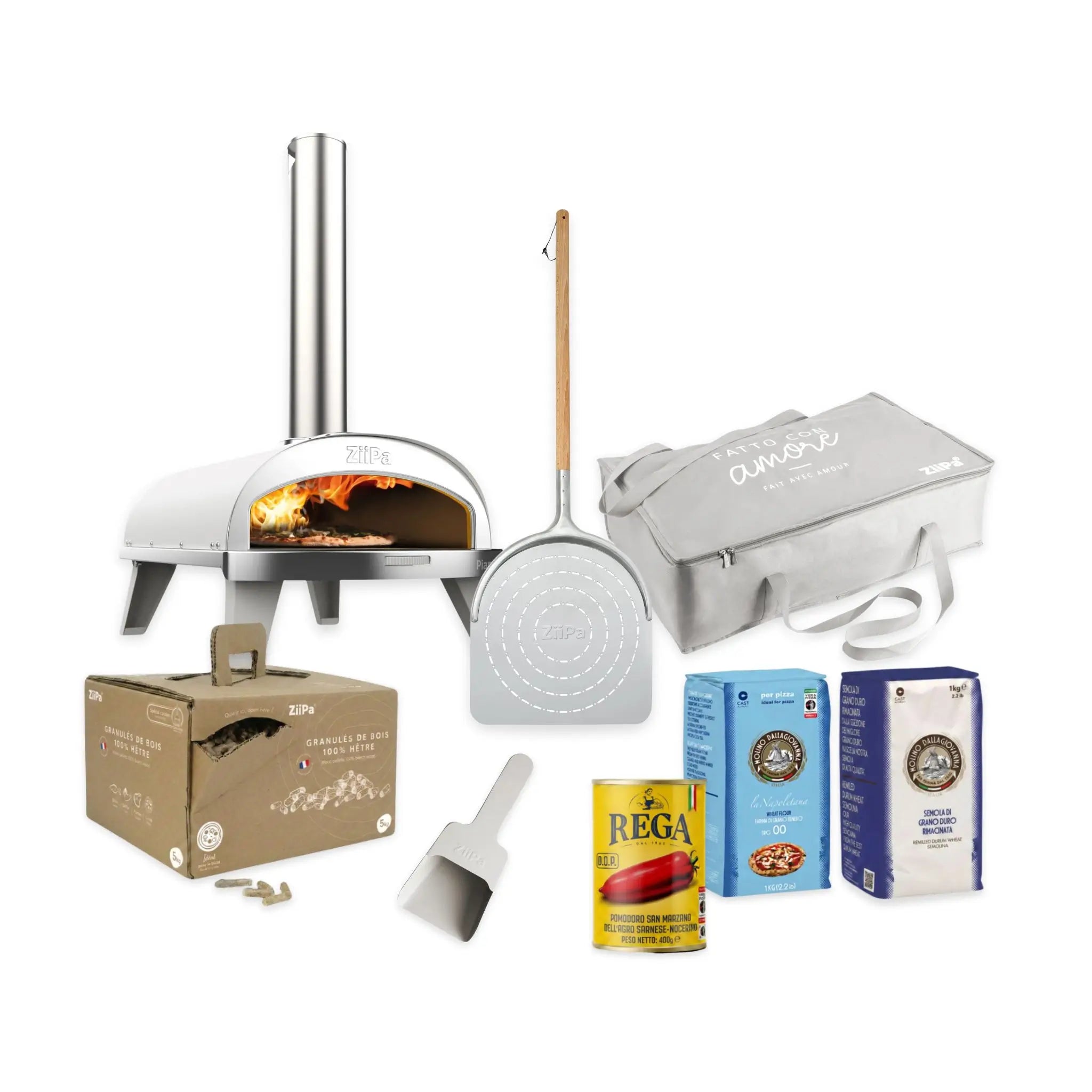 ZiiPa Piana Starter Kit in chalk: pizza oven, peel, storage bag, box of beech pellets, scoop, San Marzano tomatoes, 00 flour and semola