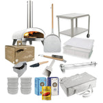 ZiiPa Piana Ultimate Kit in chalk: pizza oven, serving trolley, peel, storage bag, beech pellets, pellet dispenser, scoop, topping station, dough boxes, cutting wheel, stone brush, San Marzano tomatoes, 00 flour and semola