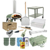 ZiiPa Piana Ultimate Kit in eucalyptus green: pizza oven, serving trolley, peel, storage bag, beech pellets, pellet dispenser, scoop, topping station, dough boxes, cutting wheel, stone brush, San Marzano tomatoes, 00 flour and semola