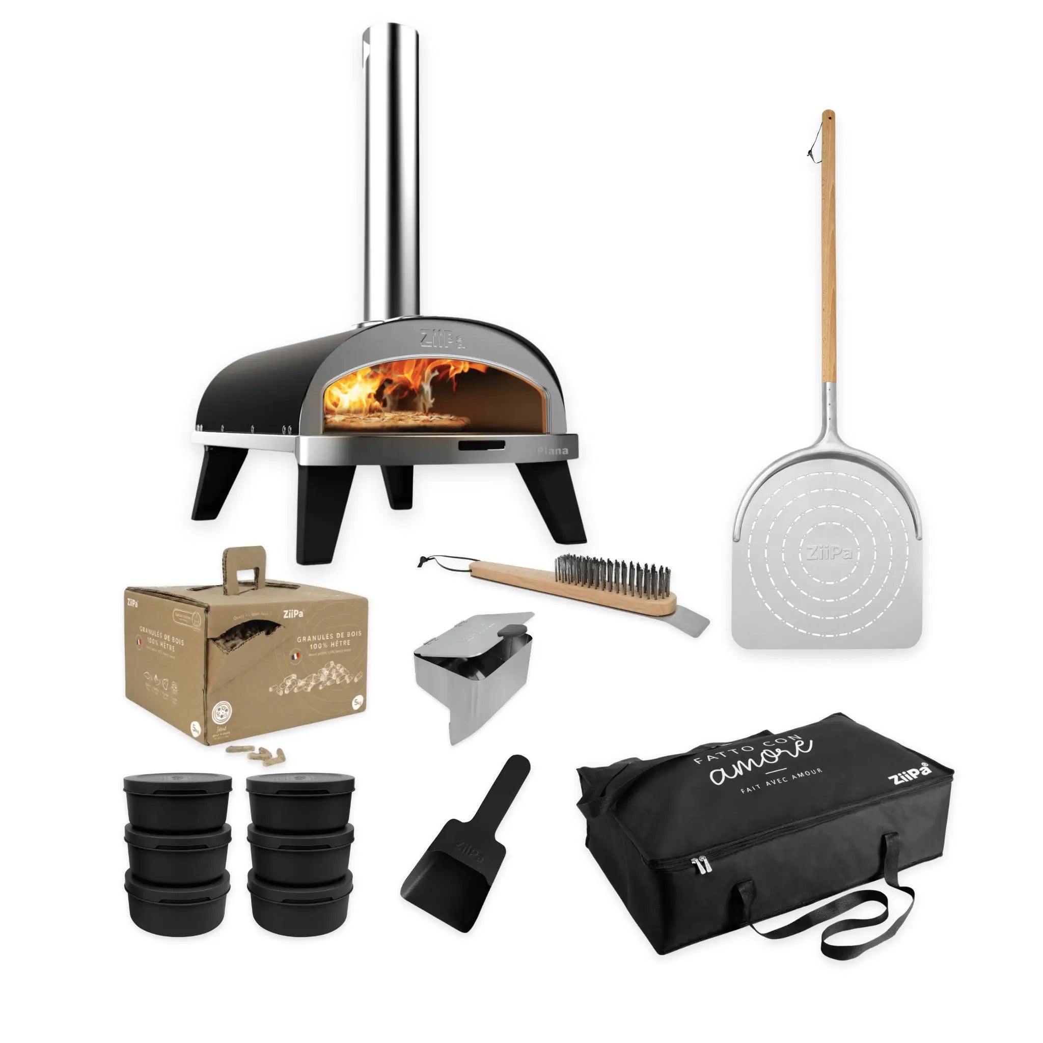 ZiiPa Piana Pizza Night Kit in charcoal: pizza oven, peel, storage bag, beech pellets, pellet scoop, pellet dispenser, six dough boxes and stone cleaning brush