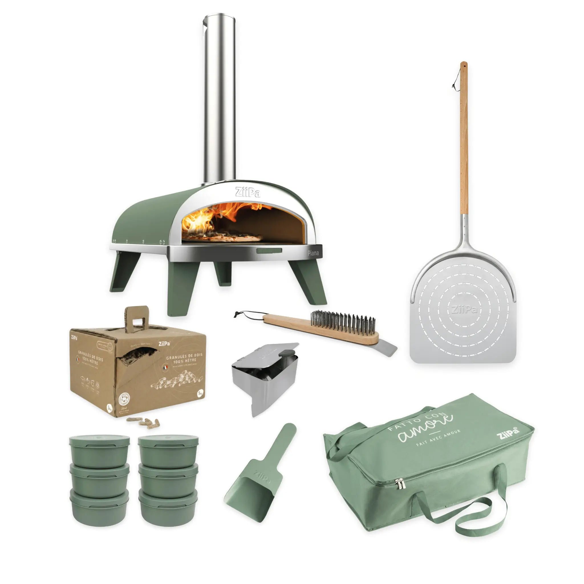 ZiiPa Piana Pizza Night Kit in eucalyptus green: pizza oven, peel, storage bag, beech pellets, pellet scoop, pellet dispenser, six dough boxes and stone cleaning brush