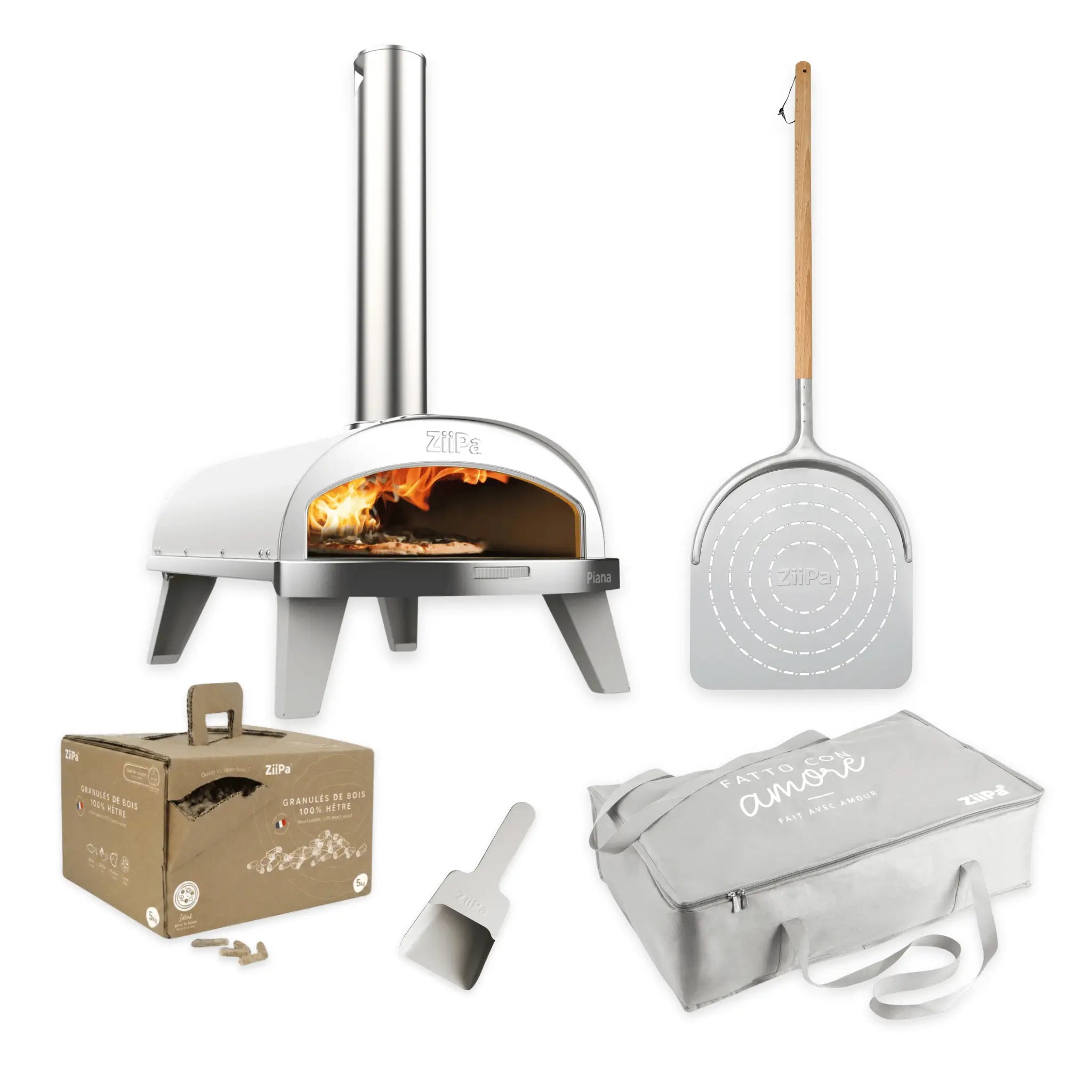 ZiiPa Piana Starter Kit in chalk: pizza oven, pizza peel, storage bag, box of beech pellets, and pellet scoop.