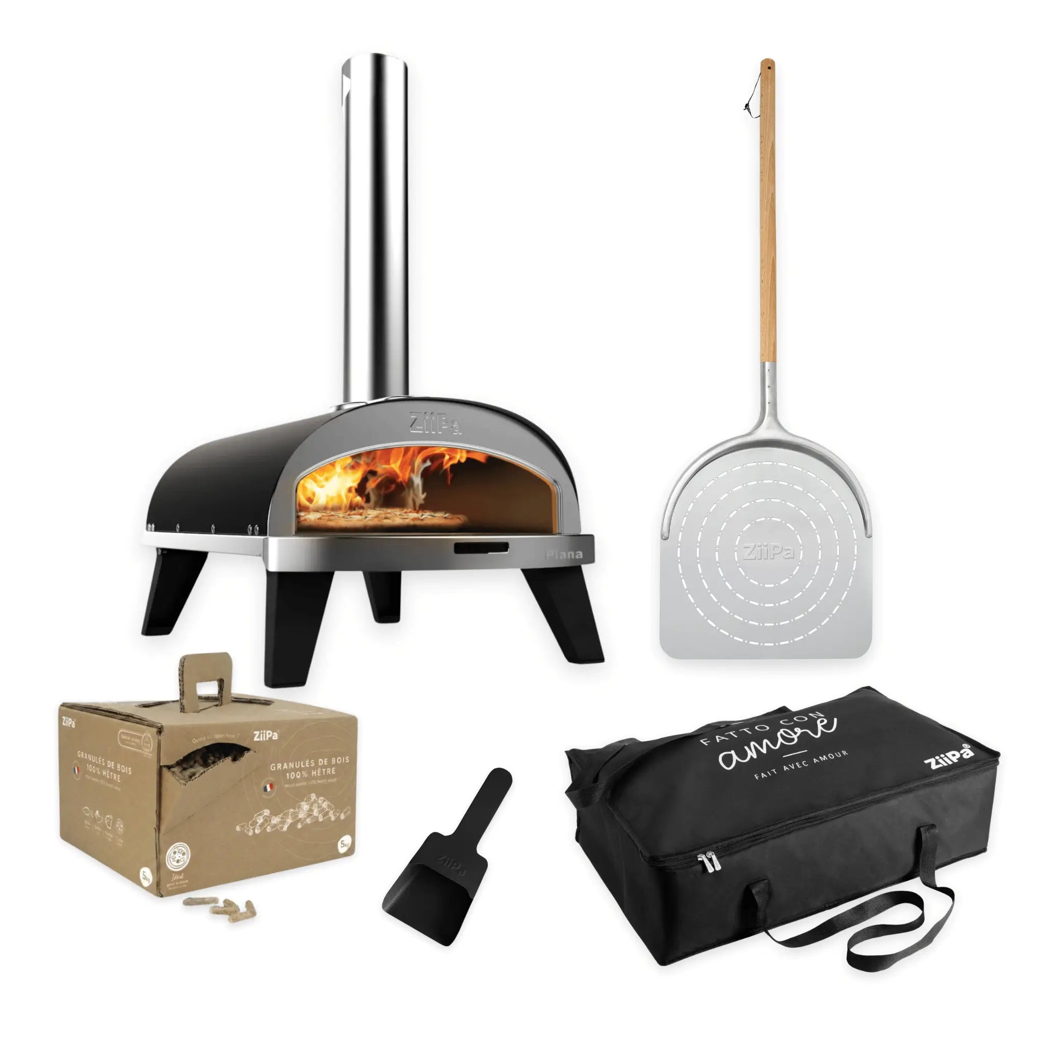 ZiiPa Piana Starter Kit in charcoal: pizza oven, pizza peel, storage bag, box of beech pellets, and pellet scoop.